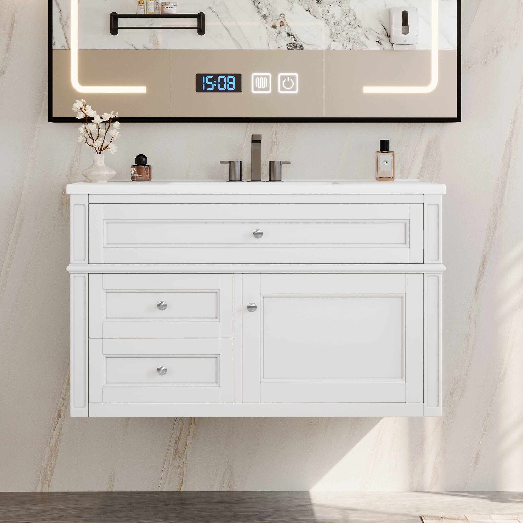 Angle. Whisen - 36" Wall Mounted Bathroom Vanity Cabinet with 3 Holes Single Ceramic Sink 2 Drawers 1 Tip-out Drawer - White.