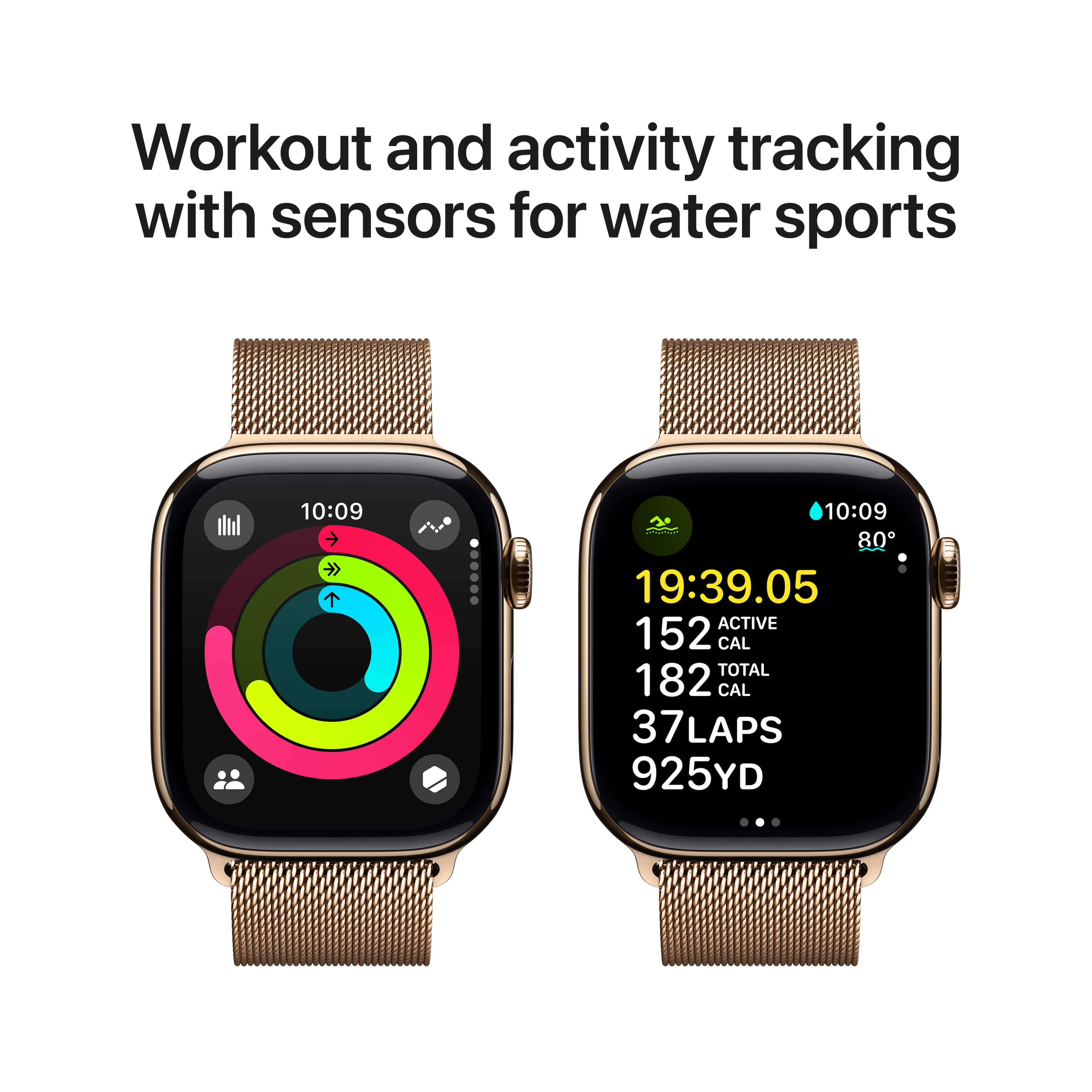 Workout and activity tracking with sensors for water sports: 10:09 10:09 80 19:39.05 ACTIVE 152 CAL TOTAL 182 CAL 37 LAPS 925YD
