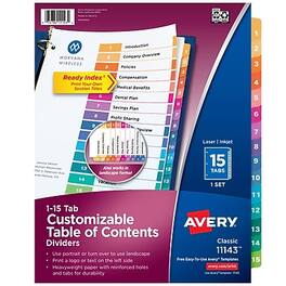 Avery - Ready Index Table of Contents Pre-Printed Paper Dividers, 15 Tabs, 1 Set - Multicolor