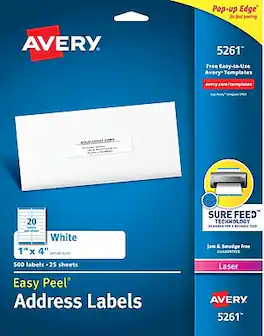 Avery - Easy Peel Laser Address Labels, 1" x 4", White, 500 Labels/Pack (5261) - Matte White