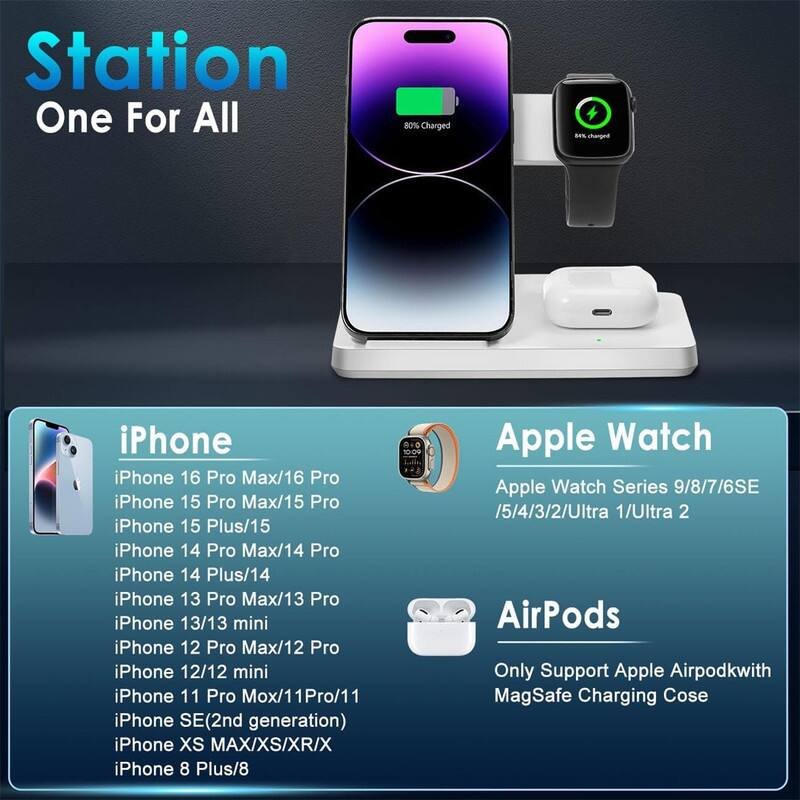 Station One For All

80% Charged

iPhone
- iPhone 16 Pro Max/16 Pro
- iPhone 15 Pro Max/15 Pro
- iPhone 15 Plus/15
- iPhone 14 Pro Max/14 Pro
- iPhone 14 Plus/14
- iPhone 13 Pro Max/13 Pro
- iPhone 13/13 mini
- iPhone 12 Pro Max/12 Pro
- iPhone 12/12 mini
- iPhone 11 Pro Max/11 Pro/11
- iPhone SE (2nd generation)
- iPhone XS MAX/XS/XR/X
- iPhone 8 Plus/8

Apple Watch
- Apple Watch Series 9/8/7/6SE
- /5/4/3/2/Ultra 1/Ultra 2

AirPods
- Only Support Apple Airpods with MagSafe Charging Case