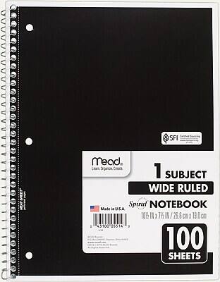 Mead  
Learn. Organize. Create.

1 Subject Wide Ruled Spiral Notebook  
Made in USA

10% x 7½" / 26.6 cm x 19.0 cm  
100 Sheets

SFI Certified Sourcing

431000  
05514