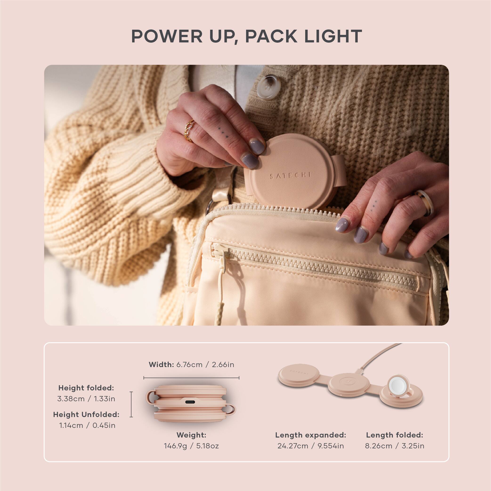 POWER UP, PACK LIGHT

Width: 6.76cm / 2.66in

Height folded: 3.38cm / 1.33in

Height Unfolded: 1.14cm / 0.45in

Weight: 146.9g / 5.18oz

Length expanded: 24.27cm / 9.554in

Length folded: 8.26cm / 3.25in
