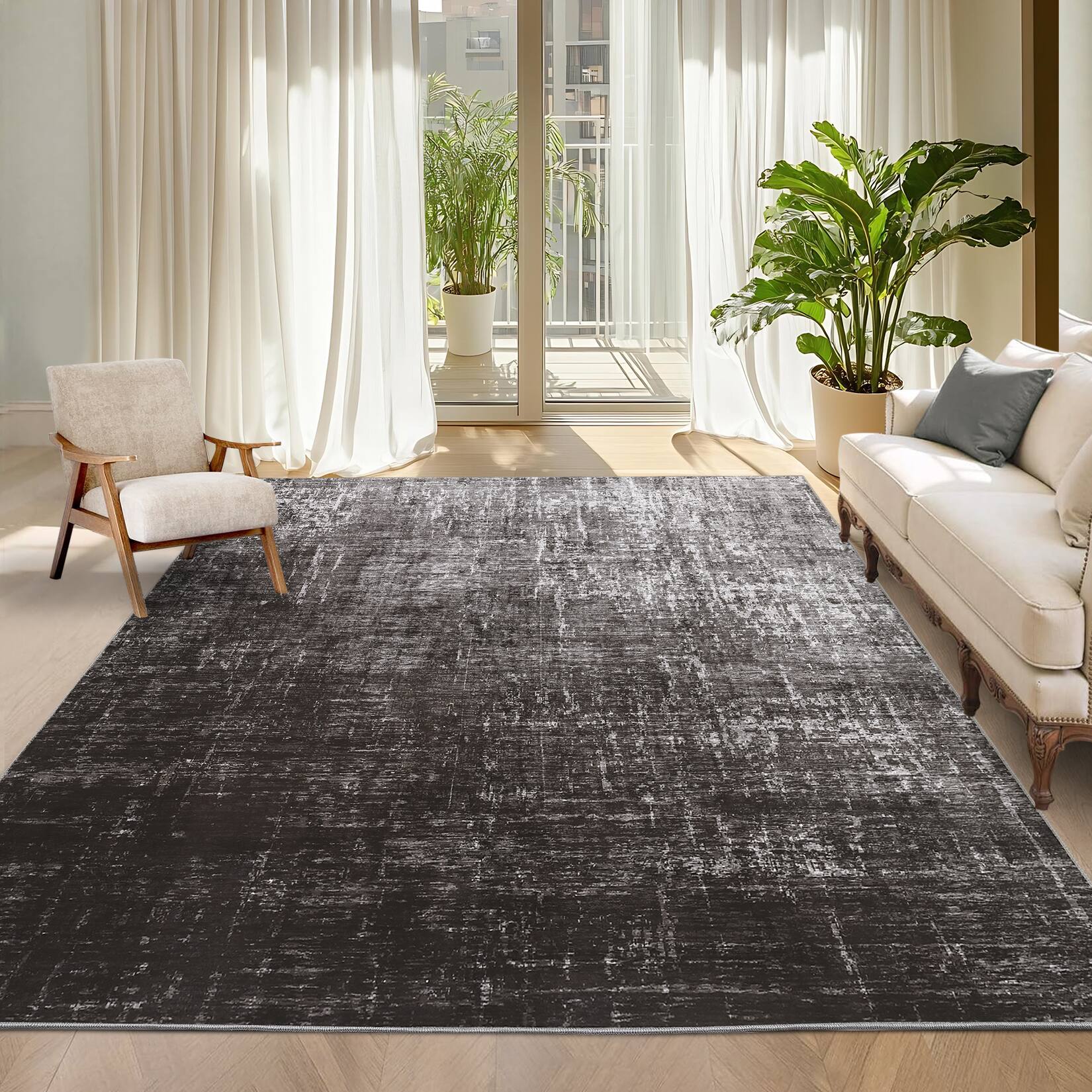 Angle. GARVEE - Modern Gradient Style Area Rug Non Slip Non Shedding Ultra Thin Washable Floor Rug for Living Room Bedroom Home Office - Black Grey.