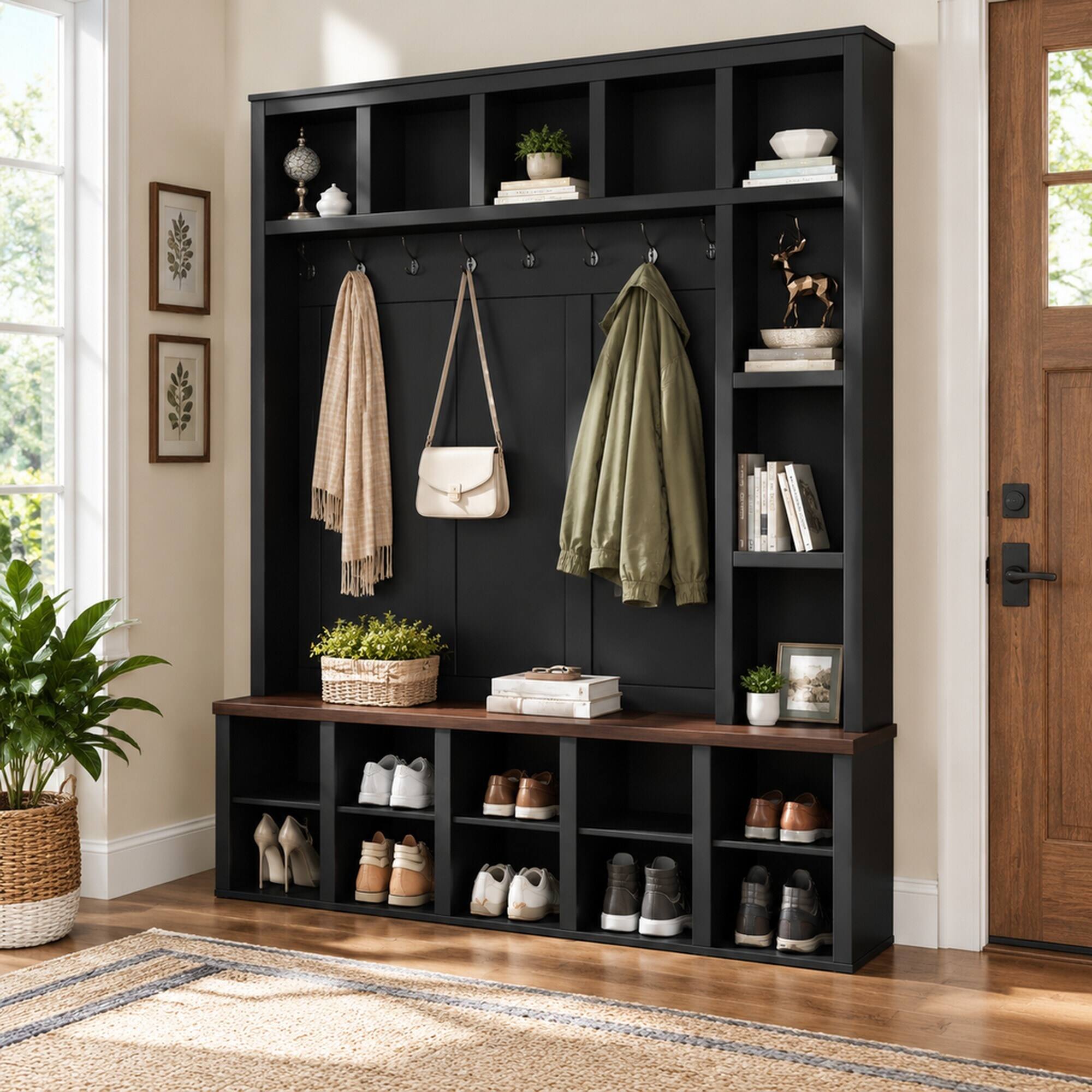 Angle. RYHNUYNE - 4-in-1 Hall Tree, 59.0 in Wide, Walnut Bench, Black Finish, 6 Metal Hooks, 13 Compartments, 76.7 in Tall - Black + Dark Walnut.