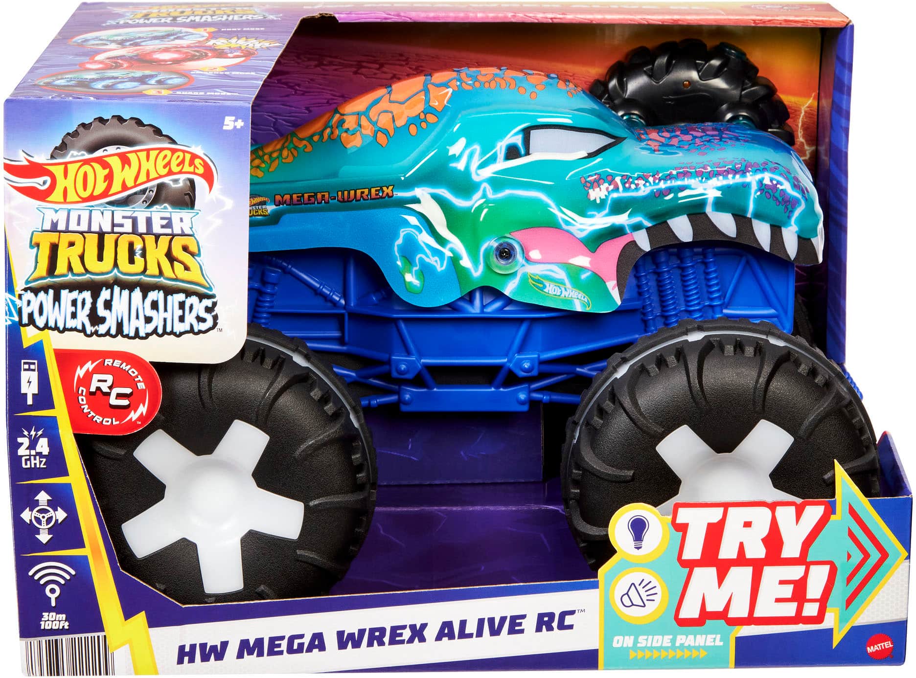 SPOWD SMASHERS - 5+ HoLWKeeLS HOD D MEGA-WREX OCKS MONSTER TRUCKS POWER SMASHERS RC R REMOTE C CONTROL 2.4 GHz HOY HOUWHEEL 30m 100Ft ThE ALIVE RC MEGA WREX HW TRY ME! ON SIDE PANEL MATTEL