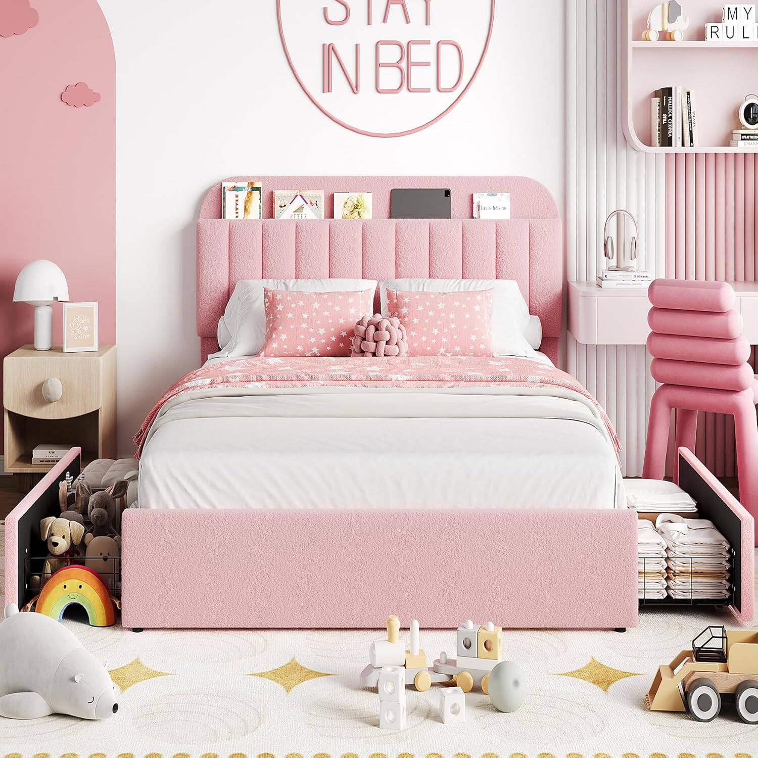 Sure, here is the corrected and grouped text from the image:

**On the Wall:**
- "STAY IN BED"

**On the Shelf:**
- "MY RULE"

**On the Nightstand:**
- "LOVE YOU ALWAYS"

**On the Books:**
- "PETIT"
- "PETIT"
