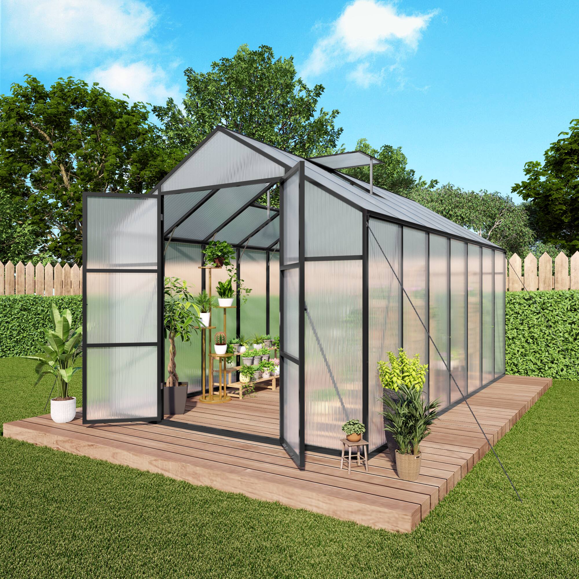 Angle. Mondawe - 8x14 FT Polycarbonate Greenhouse With Aluminum Frame and Adjustable Roof Vents - Black.