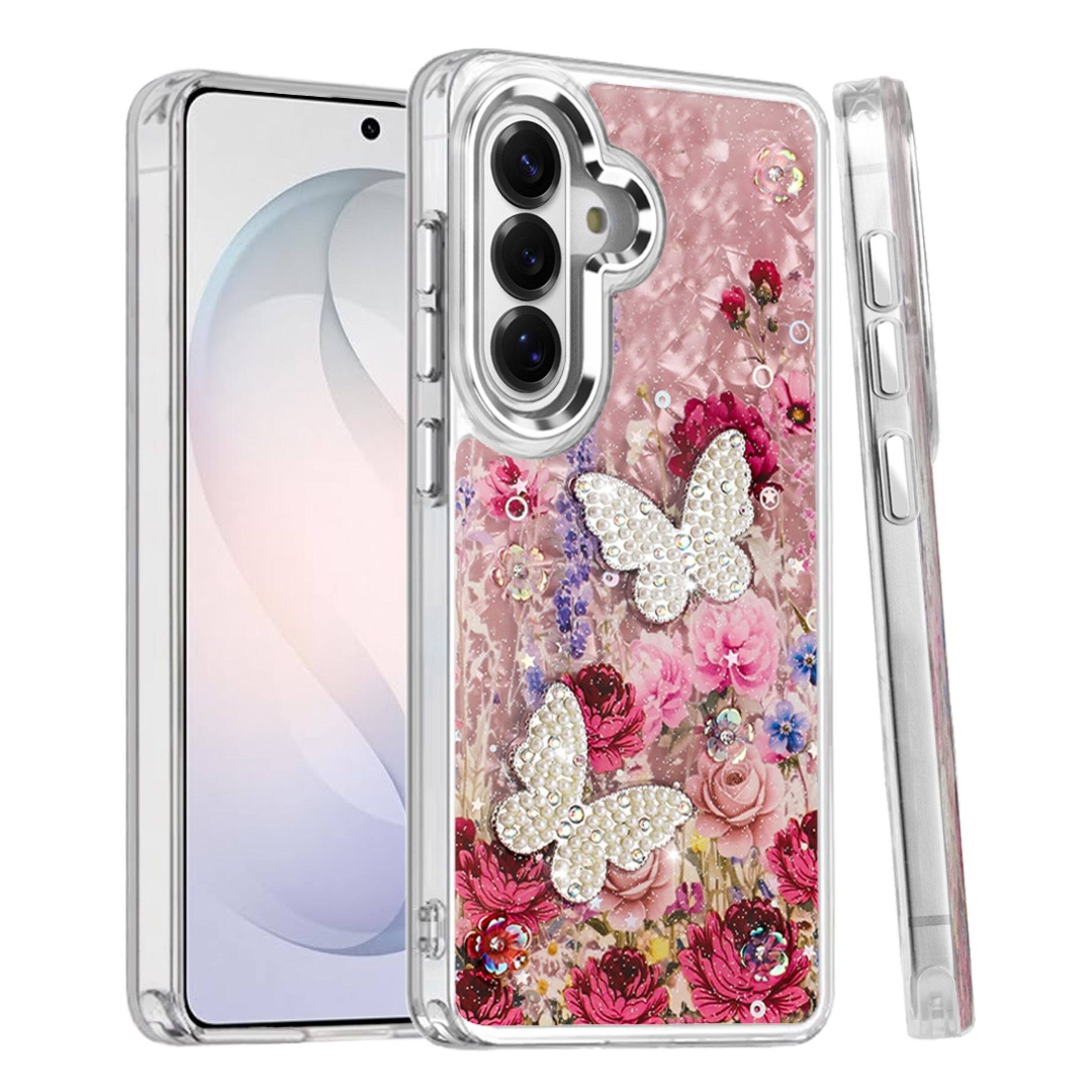Front. Kitcheniva - Epoxy Glitter 3D Beaded Butterflies Design Phone Case With Tempered Glass For Samsung Galaxy S26 Color F - Multicolor.
