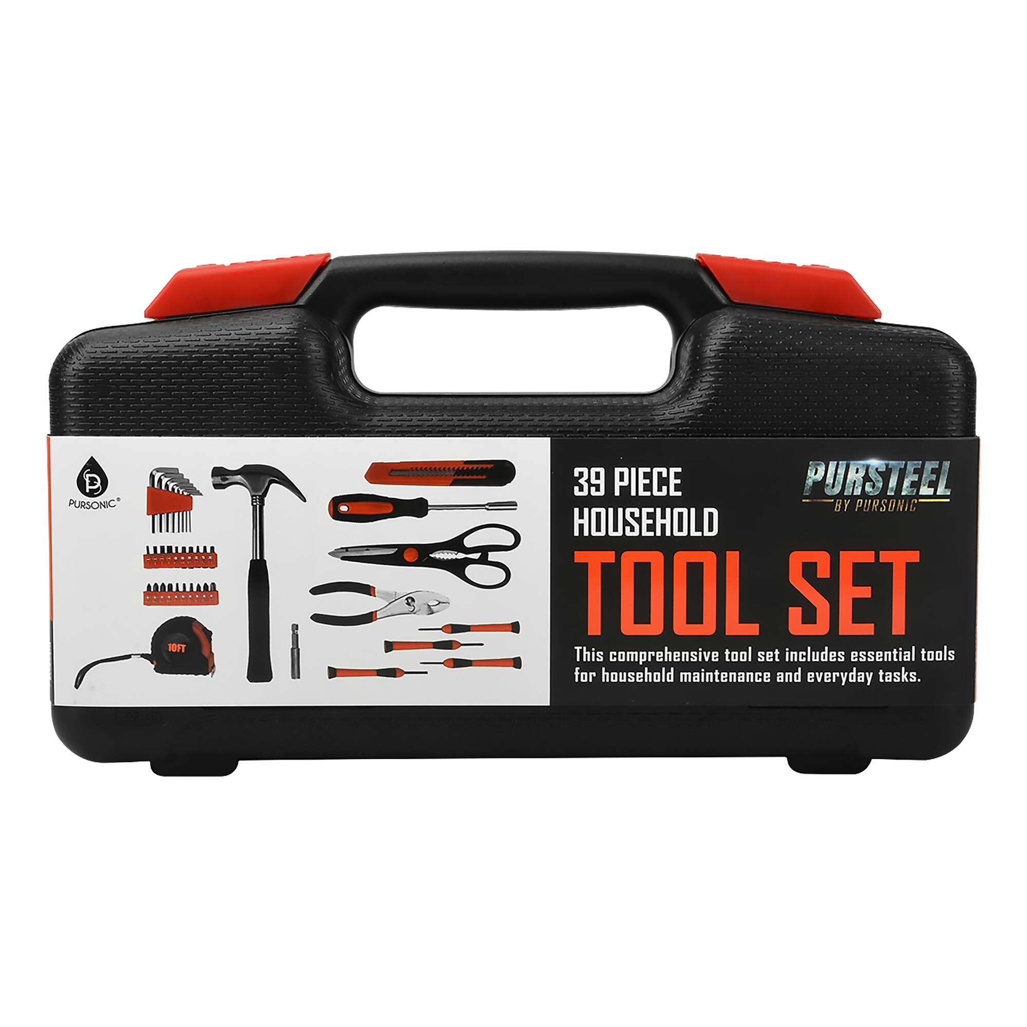 P (TYY PURSONIC" LESHEURLER i T 39 PIECE HOUSEHOLD TOOL SET BY PURSTEEL This comprehensive tool set includes essential tools for household maintenance and everyday tasks.