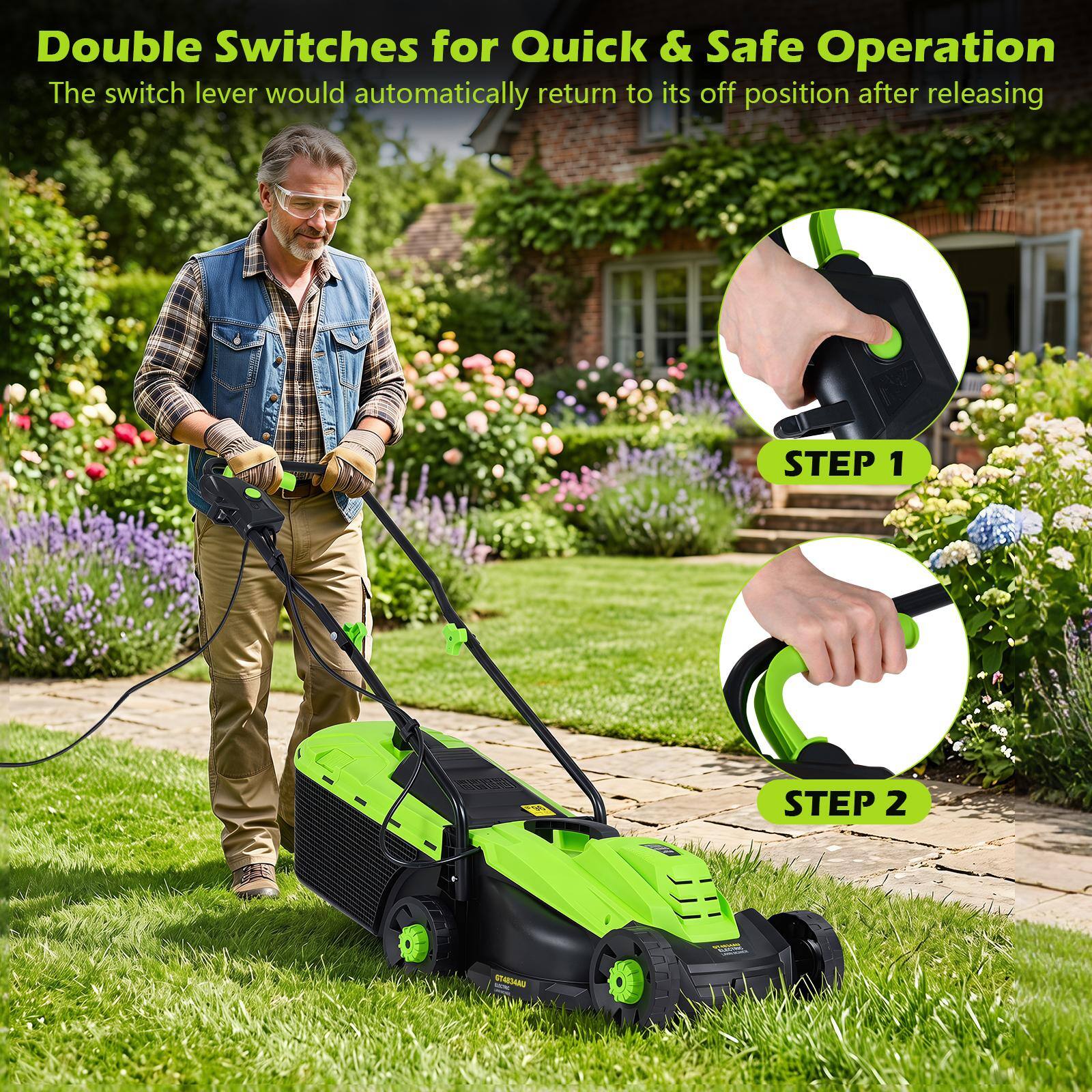 Double Switches for Quick & Safe Operation  
The switch lever would automatically return to its off position after releasing  

STEP 1  
STEP 2  
41%  

STA834AU