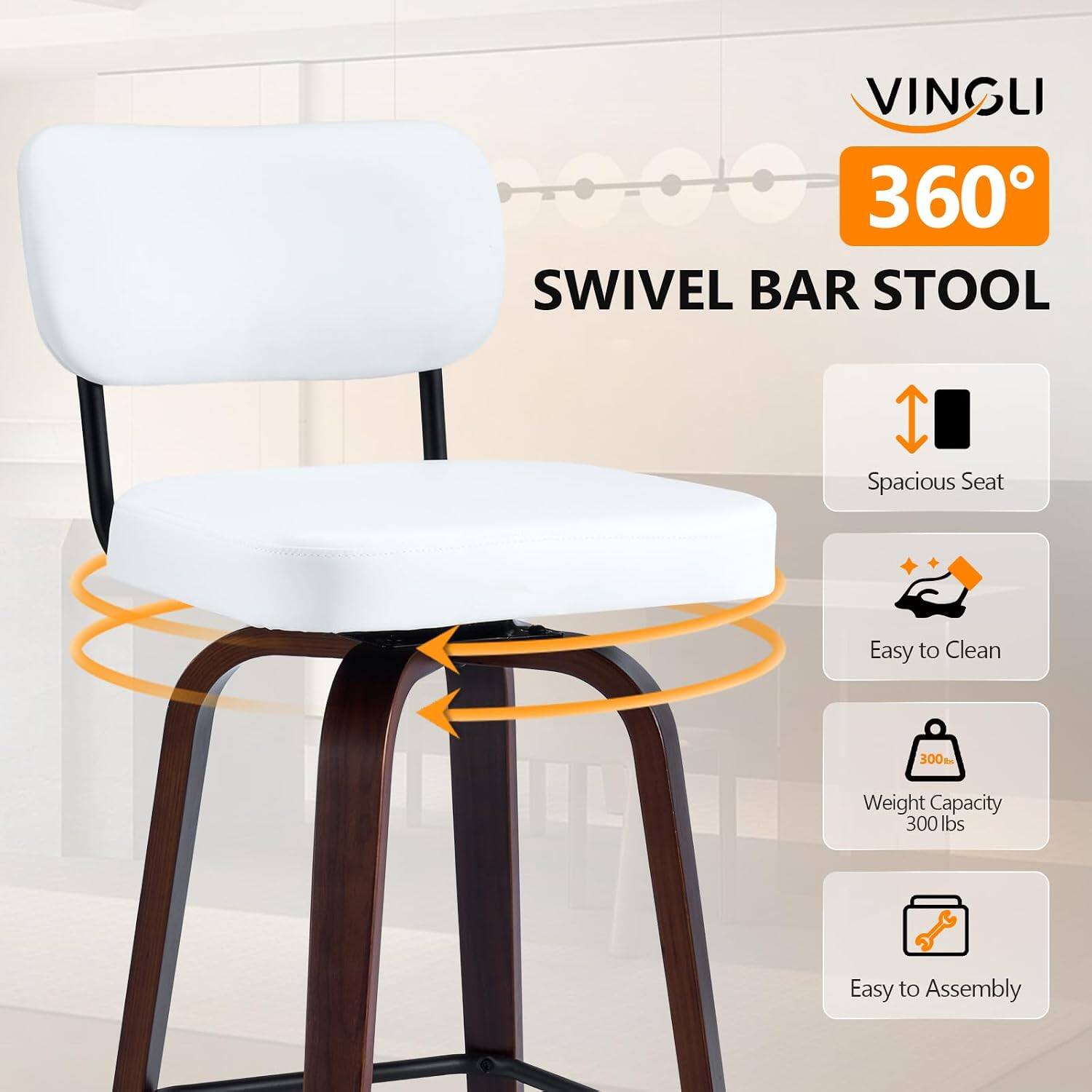 VINGLI 360° SWIVEL BAR STOOL

- Spacious Seat
- Easy to Clean
- Weight Capacity 300 lbs
- Easy to Assemble
