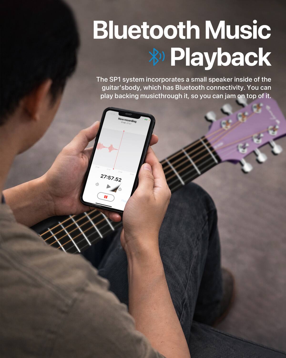 Bluetooth Music Playback

The SP1 system incorporates a small speaker inside of the guitar's body, which has Bluetooth connectivity. You can play backing music through it, so you can jam on top of it.

New recording that 20.57
27:57.52