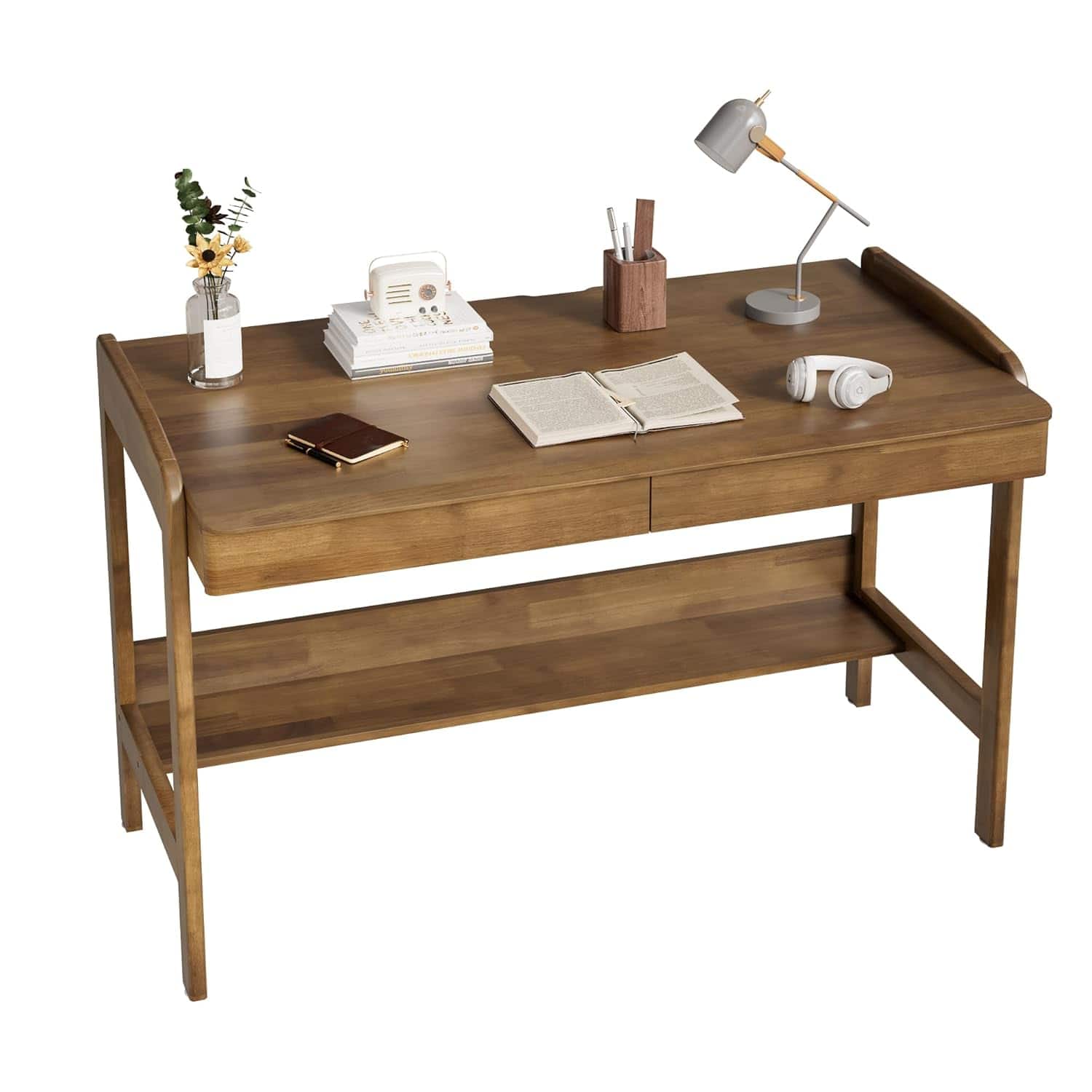 Zell Electronics - 48 Inch Solid Wood Mid-Century Desk with Storage Shelf, Adjustable Height Top - Walnut