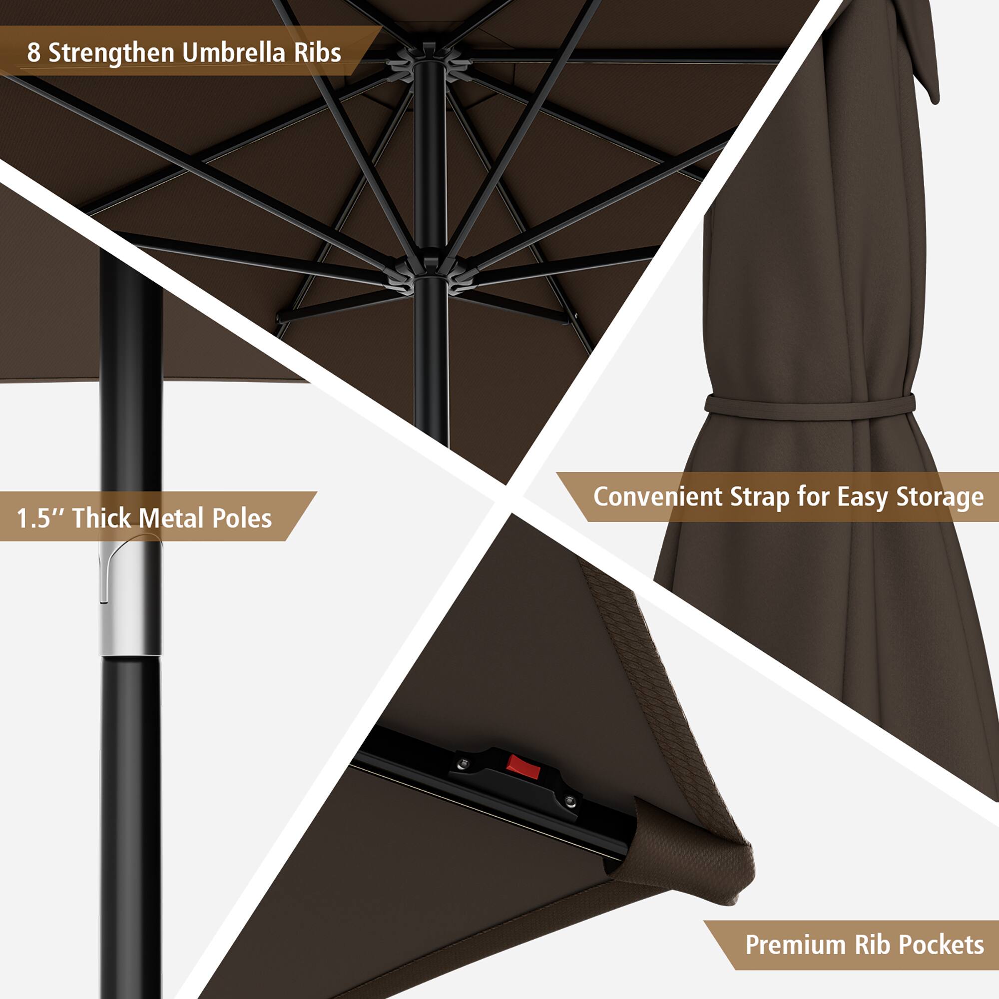 8 Strengthen Umbrella Ribs, 1.5" Thick Metal Poles, Convenient Strap for Easy Storage, Premium Rib Pockets