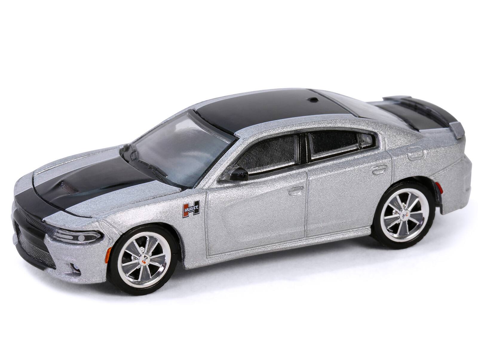 Angle. Greenlight - 2018 Dodge Charger SRT 392 Silver Metallic Black Stripe Mr. Norm Heritage GSS Charger Hobby Exclusive 1/64 Diecast - Silver Metallic With Black Stripe.