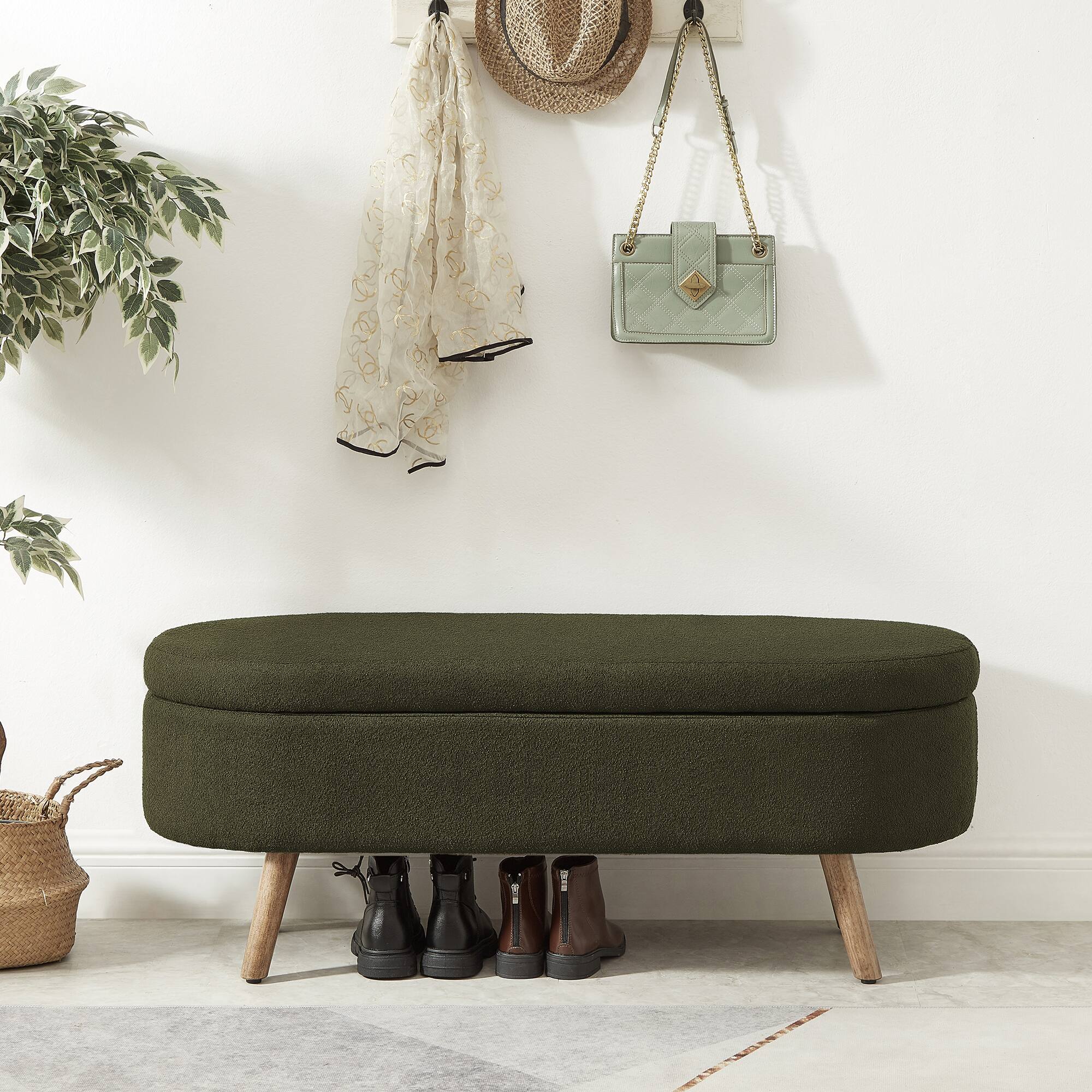 Left. Ropilly - Ropilly Dark Green Oval Boucle Storage Ottoman Bench, Upholstered Entryway Seat with Wood Legs - Dark Green.