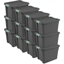 Sterilite - 12Pk Latch Tote, Stackable Plastic Storage Container, 12Gal,Gray/Green - FLAT GRAY W/ GRN RIVER LATCHES