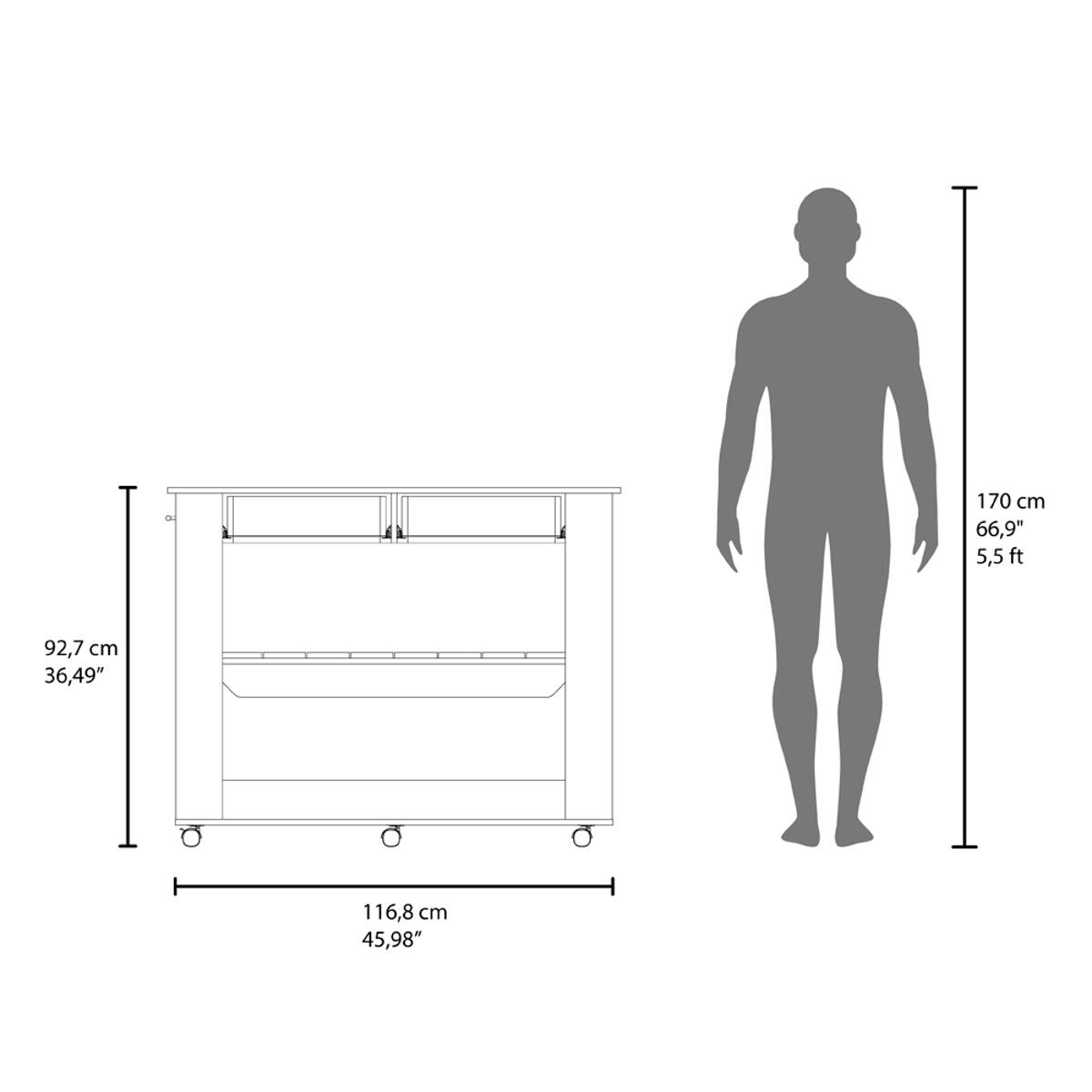170 cm 66,9" 5,5ft  
92,7 cm 36,49"  
116,8 cm 45,98"