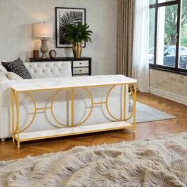 Hivvago - Chic Faux Marble Console with Open Storage and Two-Tier Design - White, Gold