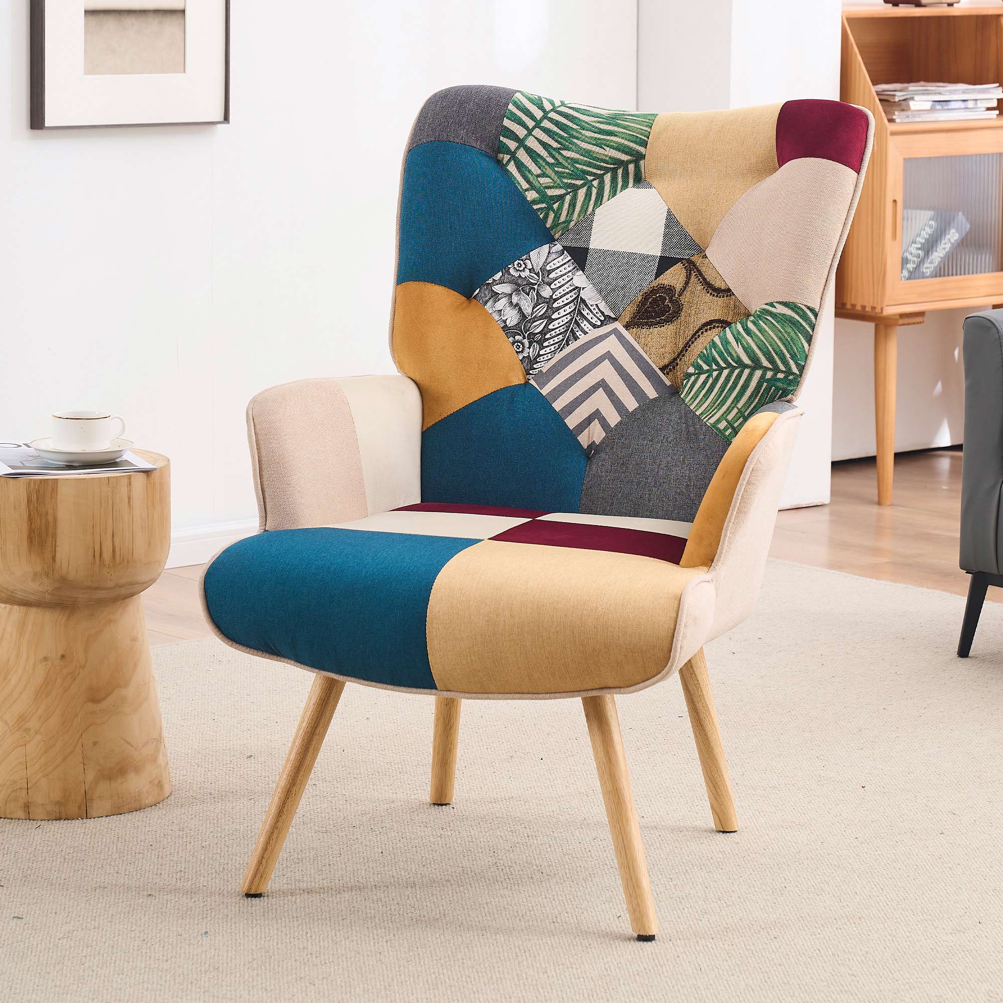 Back. FERPIT - FERPIT Patchwork Upholstered Wingback Accent Chair with Rubberwood Legs, Color Patchwork - Color Patchwork.