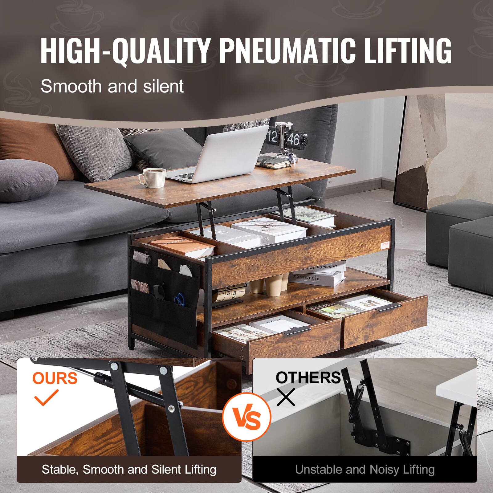 HIGH-QUALITY PNEUMATIC LIFTING Smooth and silent OURS OTHERS X VS Stable, Smooth and Silent Lifting Unstable and Noisy Lifting