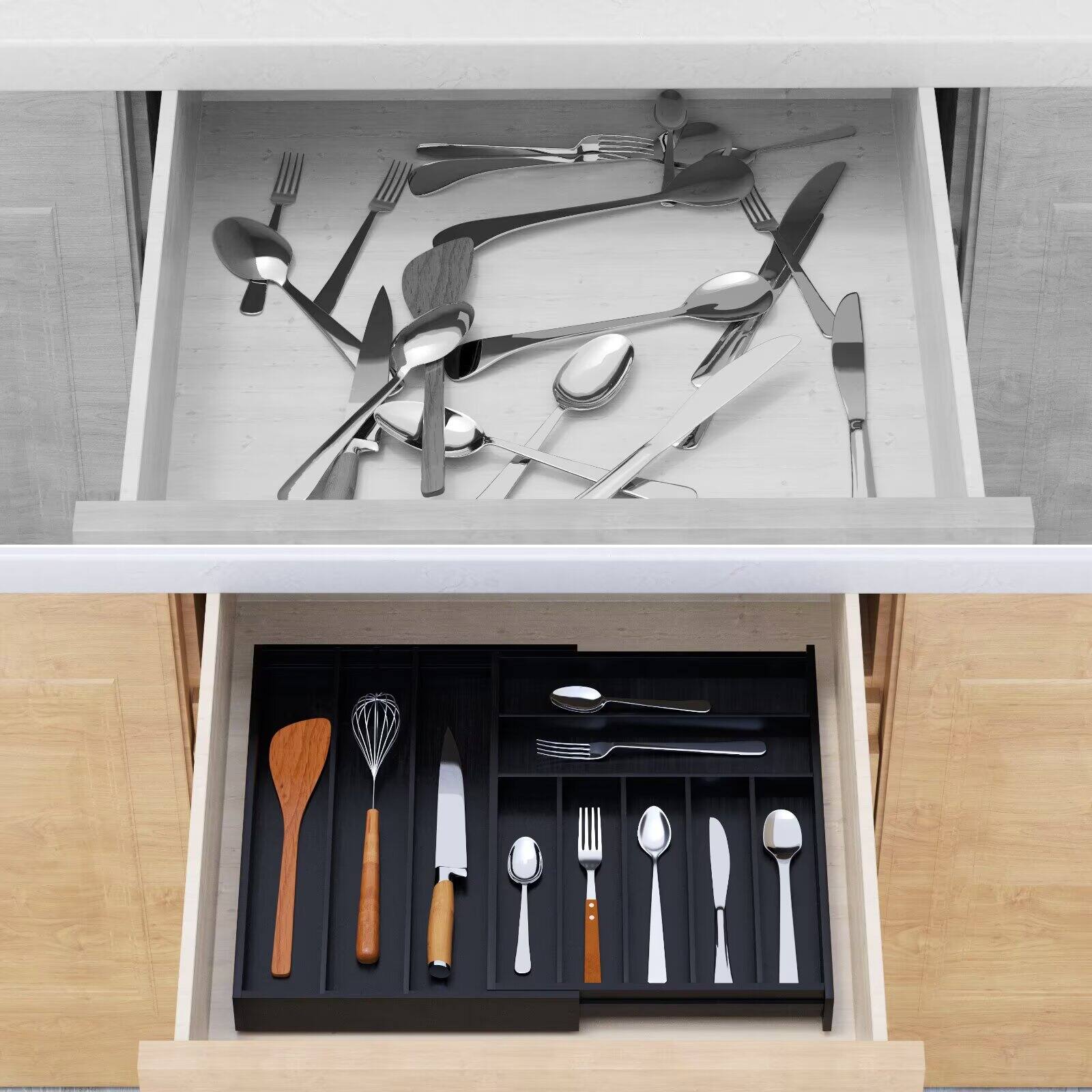 Left. Tooloton - Bamboo Drawer Organizer, Expandable Utensil Tray with 10 Slots for Flatware, Cutlery, Spoons and Knives, Black Finish - Black.
