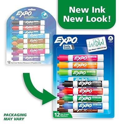 **Expo**

**New Ink New Look!**

**12 Dry Erase Markers, Assorted Colors**

**PACKAGING MAY VARY**

**Easily Erases**

**Low Odor**

**WOW! Our Most Versatile Ink**

**12 Dry Erase Markers**