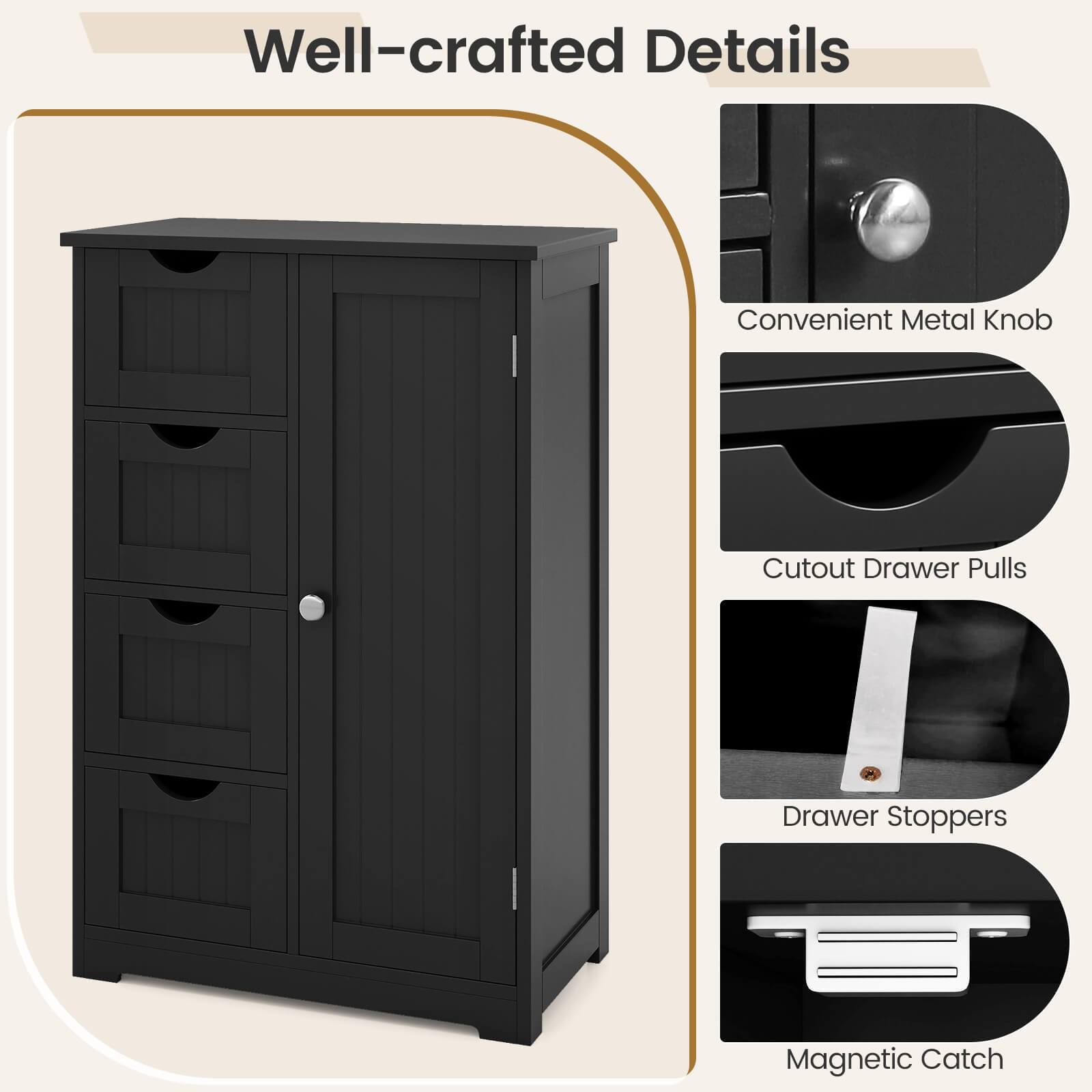 Well-crafted Details

- Convenient Metal Knob
- Cutout Drawer Pulls
- Drawer Stoppers
- Magnetic Catch