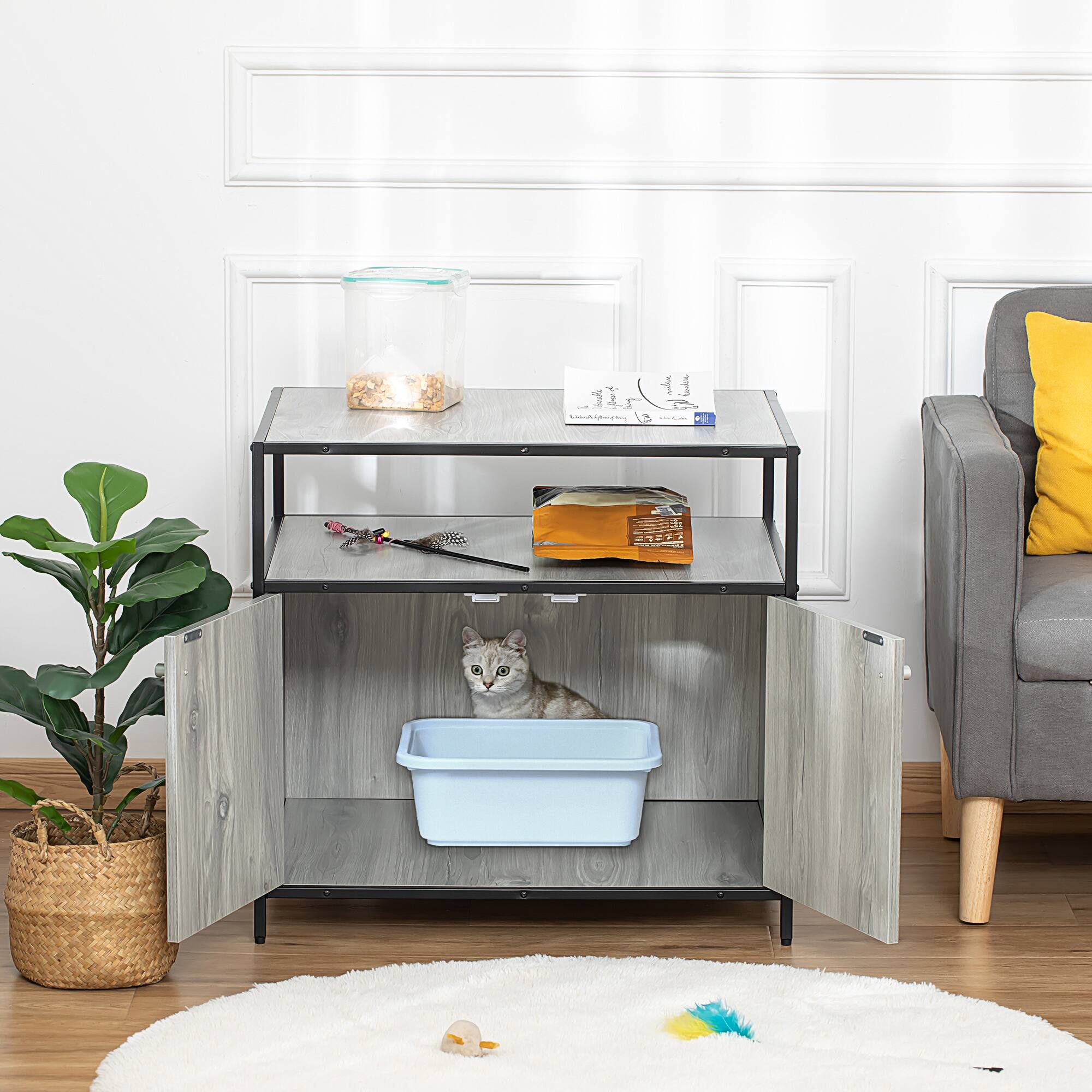 Angle. Pawhut - Wooden Cat Litter Box Enclosure, Hidden Kitten Washroom, Indoor End Table with Magnetic Doors & Storage Shelves - Grey.