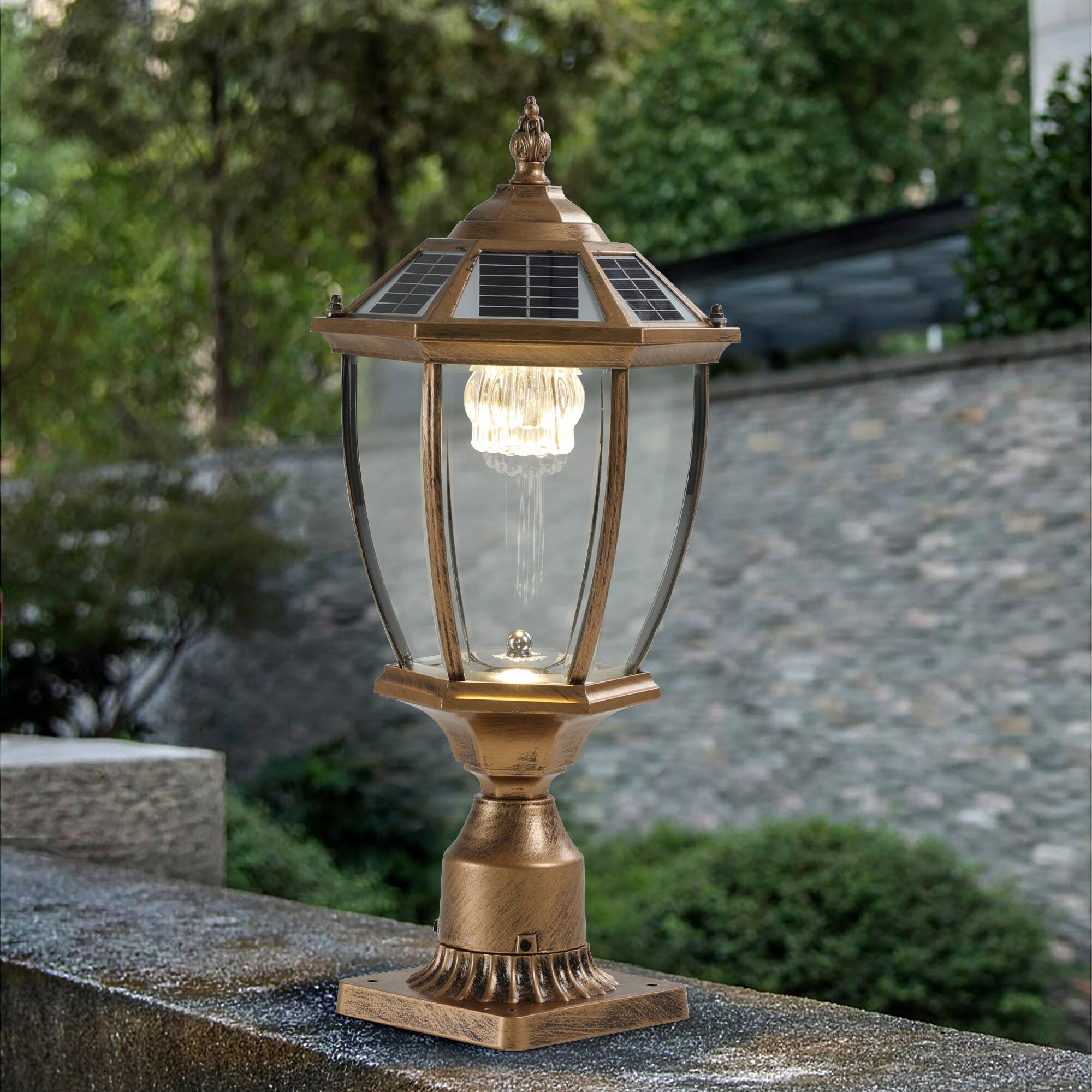 Alt View 2. APRILSOUL - 20 inch (H) Golden Solar Powered LED Outdoor Lantern Vintage Garden Light with Elegant Glass Design 1-Pack - Bronze.