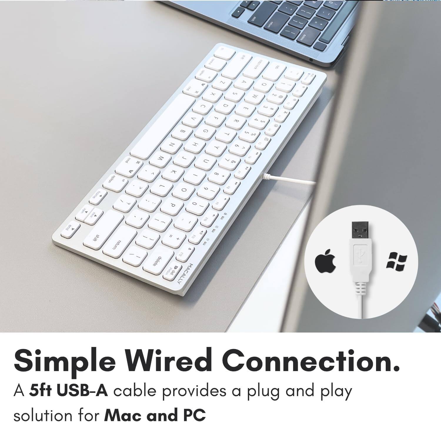 The text in the image reads:

"Simple Wired Connection.
A 5ft USB-A cable provides a plug and play solution for Mac and PC."

The text you provided seems to be a mix of random characters and numbers. If you need help with something specific, please let me know!