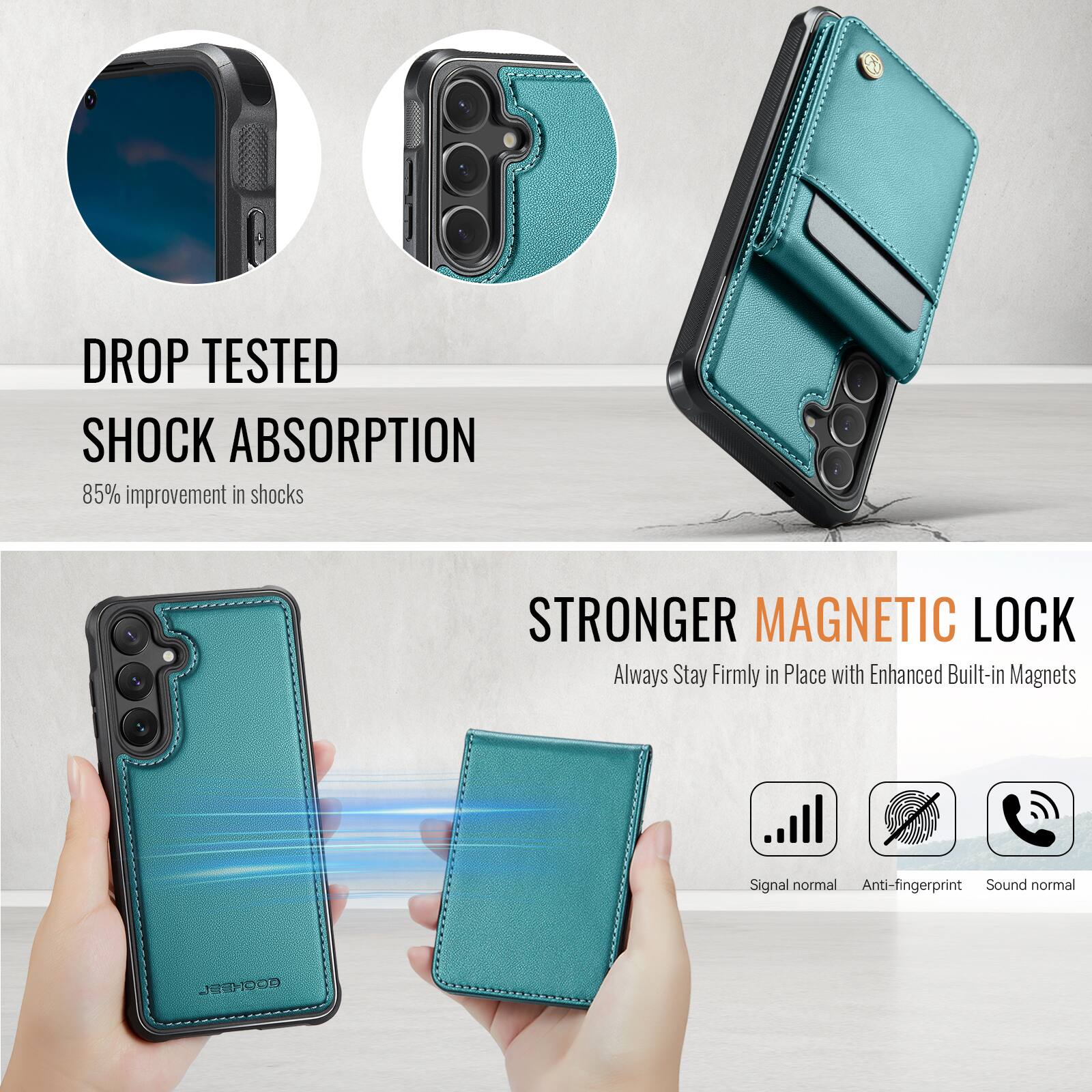 DROP TESTED  
SHOCK ABSORPTION  
85% improvement in shocks  

STRONGER MAGNETIC LOCK  
Always Stay Firmly in Place with Enhanced Built-in Magnets  

Signal normal  
Anti-fingerprint  
Sound normal  

JESHOOD