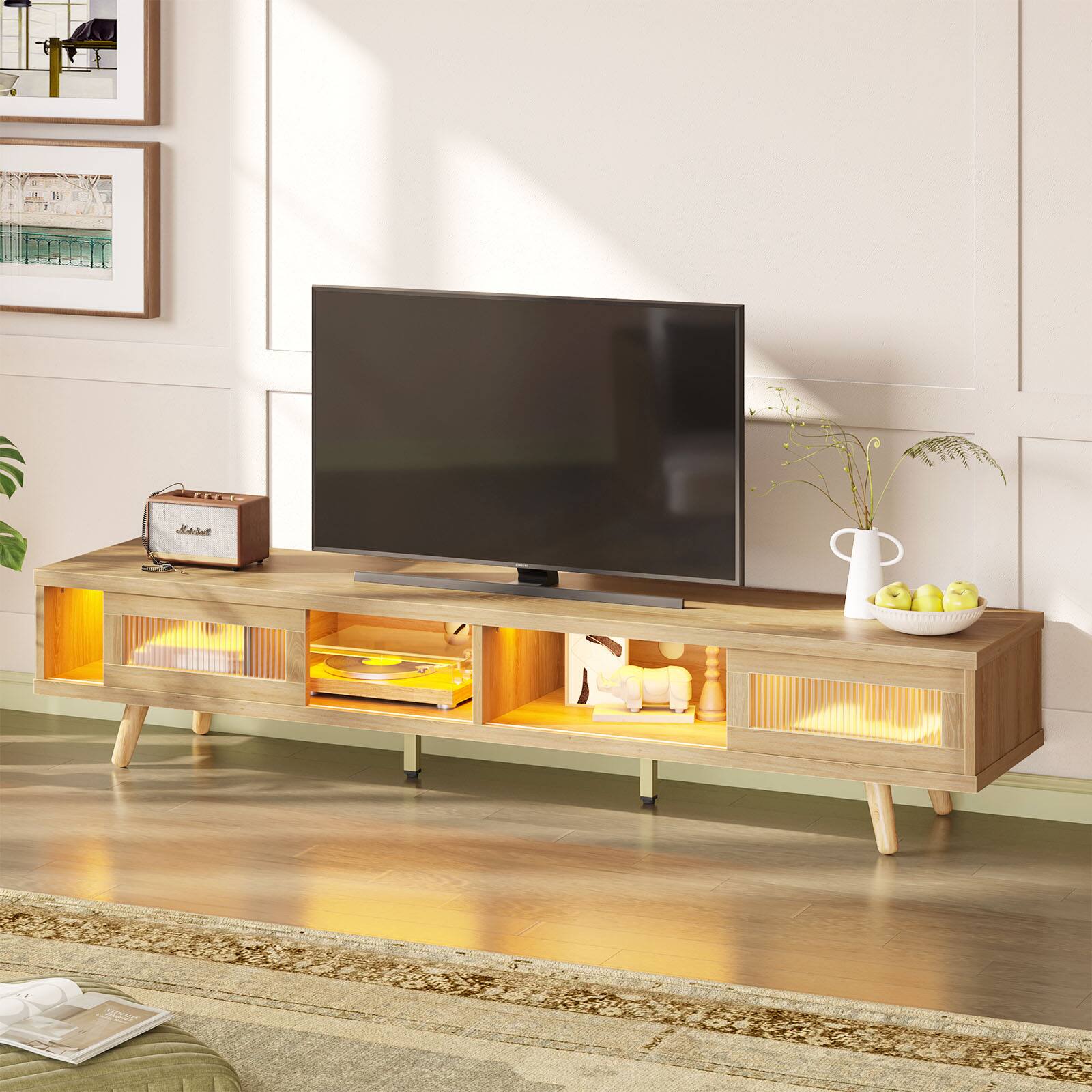 Back. Bestier - 70" LED TV Stand Mid-Century Modern Gaming Entertainment Center with Sliding Glass Door - Natural Wood.