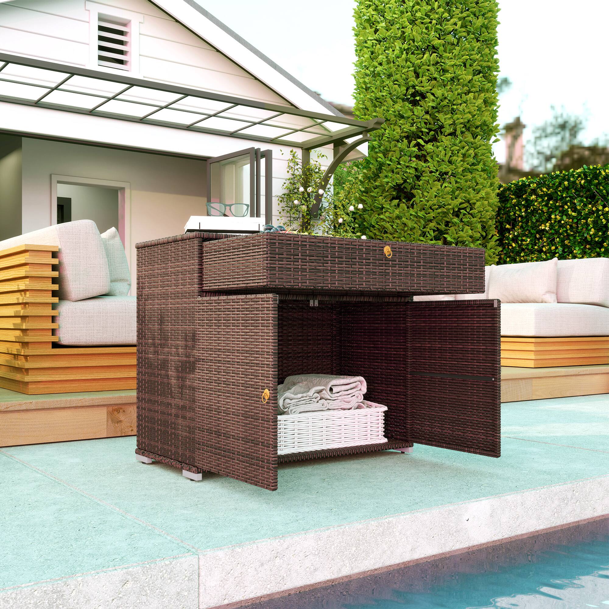 Alt View 1. Outsunny - Wicker Outdoor Storage Cabinet, Pool Towel Storage Cabinet with Drawer, Freestanding PE Rattan Pool Towel Holder - Brown.