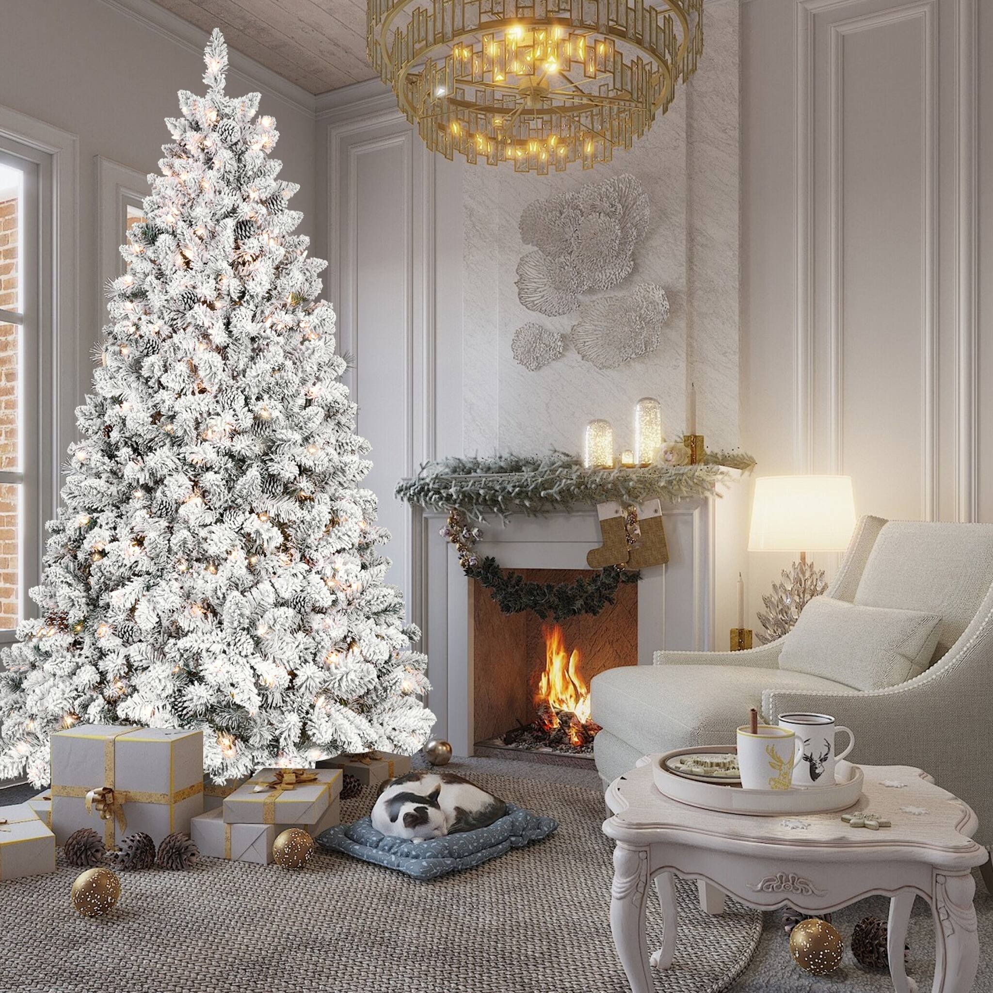 Back. Forest'nSky - 5 ft. Flocked PVC Christmas Tree with 300 UL Lights and 27 Natural Pine Cones, 600 Tips - Green,White.