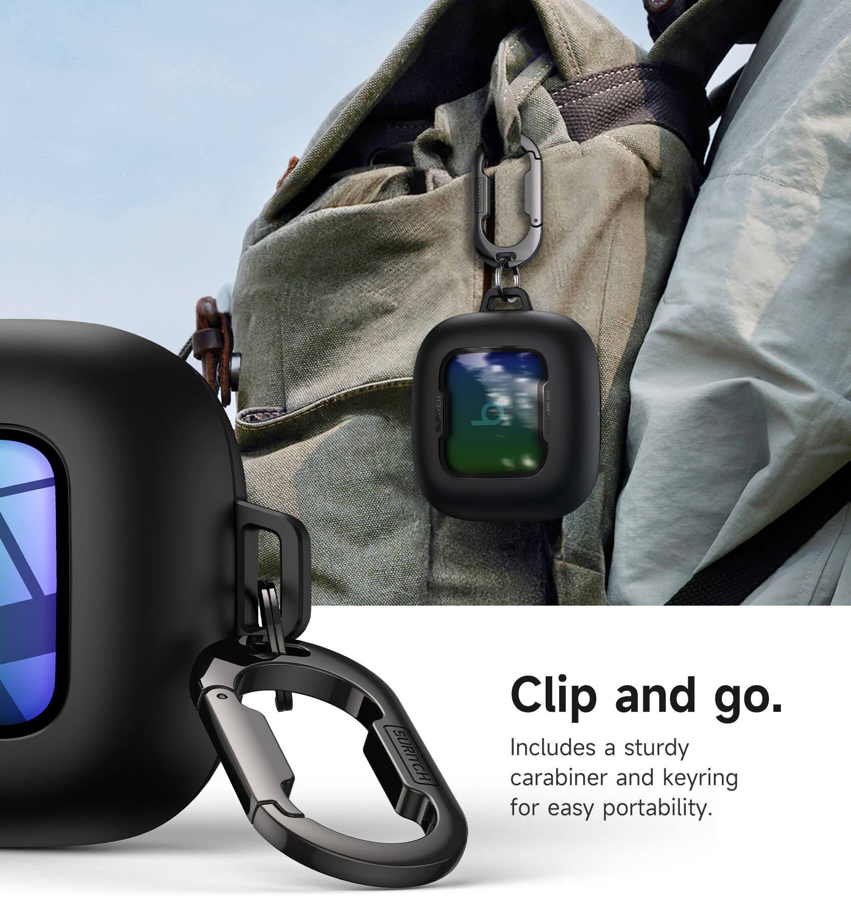 A GURITCH Clip and go. Includes a sturdy carabiner and keyring for easy portability.