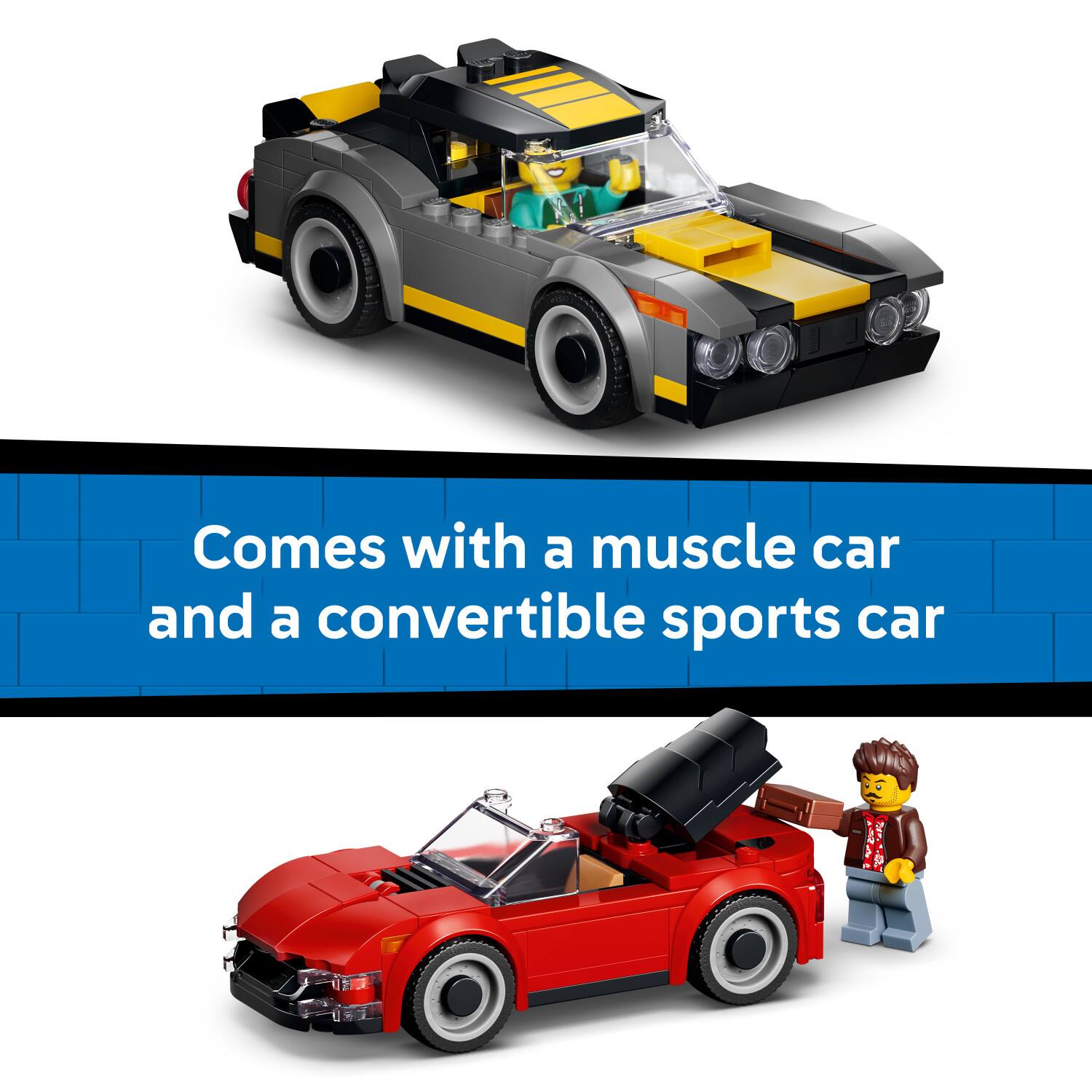 Comes with a muscle car and a convertible sports car