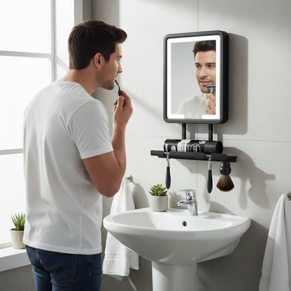 Alt View 2. Dazzed Corner - Heated Fogless Shower Mirror with Light, 5000mAh, 3-Color Dimmable - Black.