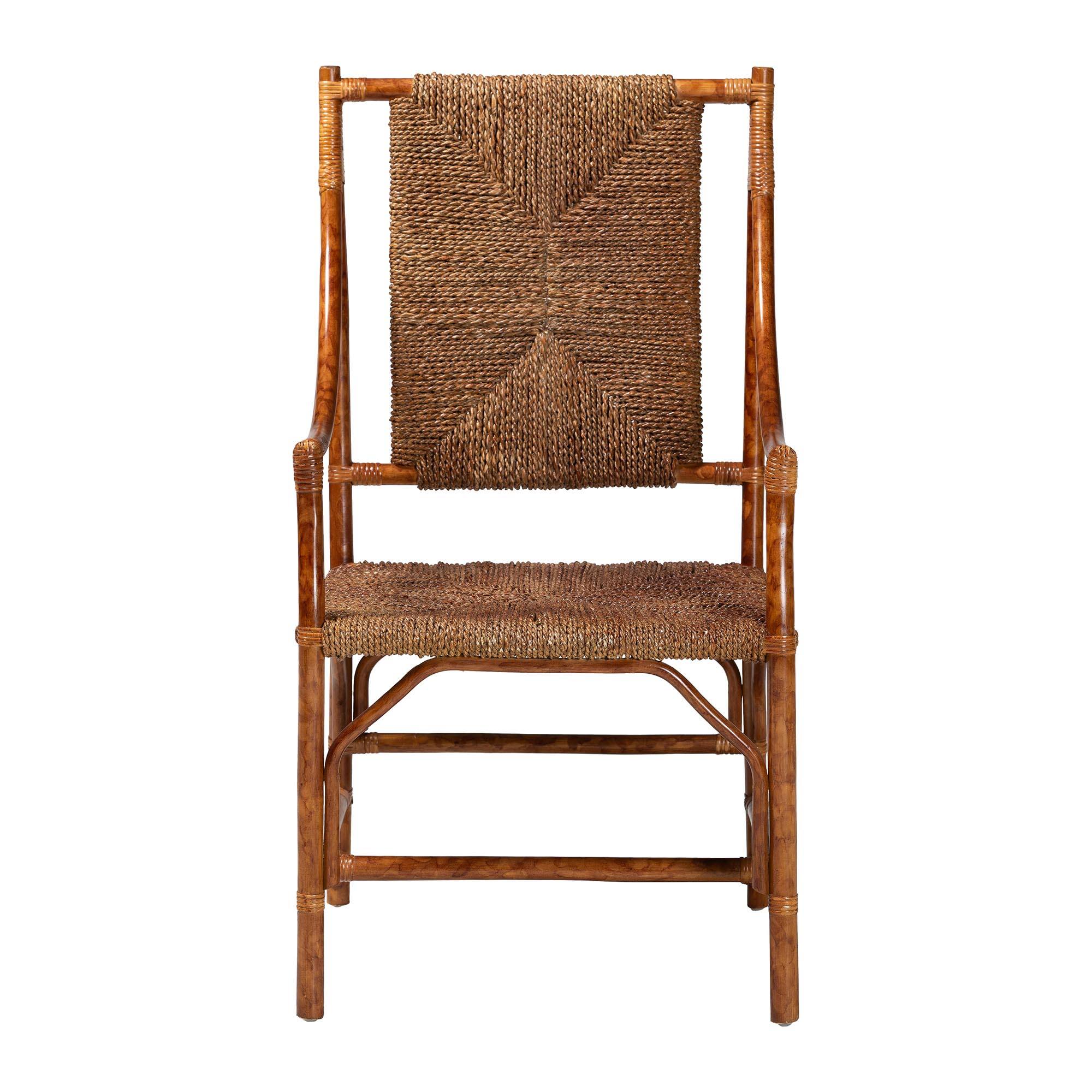 Angle. bali & pari - Ramos Marbled Tortoise Natural Rattan and Seagrass Armchair - Handwoven Wicker Chair, Rustic Boho Accent Seating - Marbled Tortoise Brown/Natural Brown.