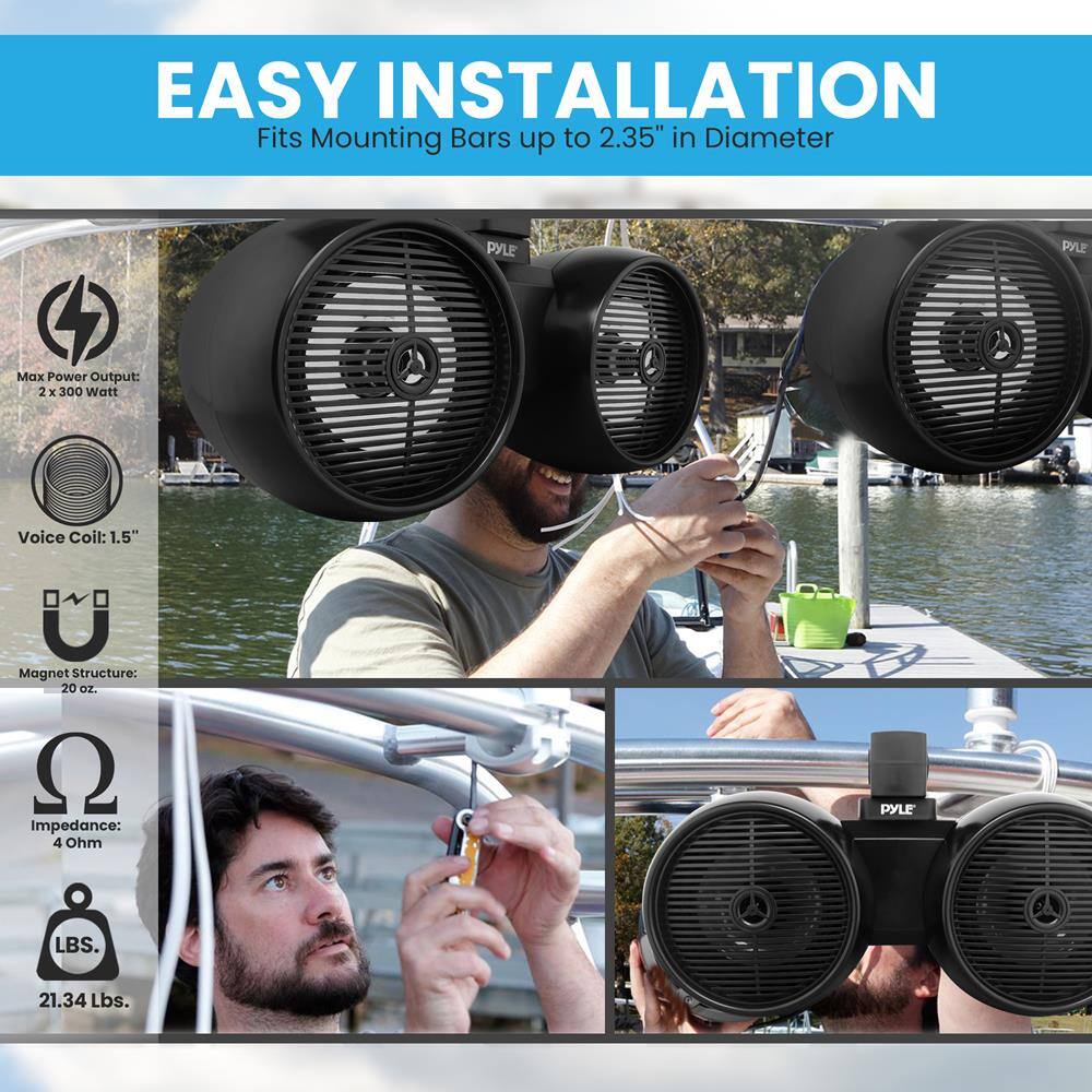 EASY INSTALLATION  
Fits Mounting Bars up to 2.35" in Diameter  

Max Power Output: 2 x 300 Watt  
Voice Coil: 1.5"  
Magnet Structure: 20 oz.  
Impedance: 4 Ohm  
LBS: 21.34 Lbs.