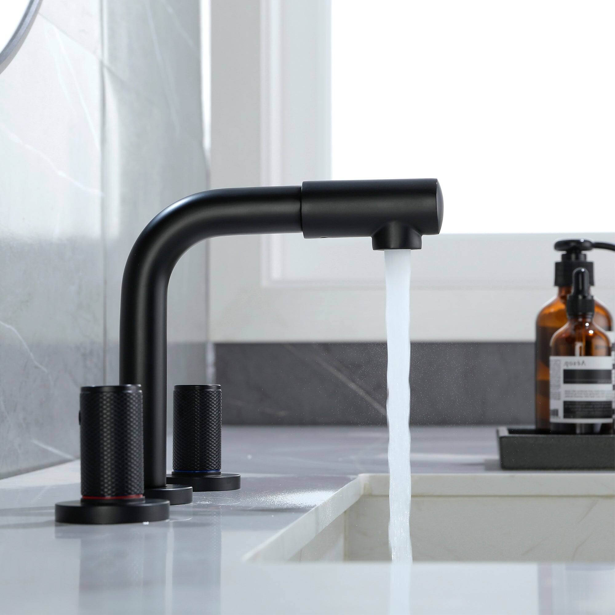 Left. Boyel Living - 8 in Widespread Double Handle 360 Degree Swivel Spout Bathroom Faucet with Quick Connect Hose in Matte Black - Matte Black.