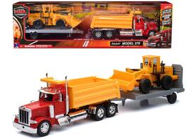 Peterbilt 379 Dump Truck Red and Wheel Loader Yellow w/Flatbed Trailer "Long Haul Truckers" Series 1/32 Model by New Ray