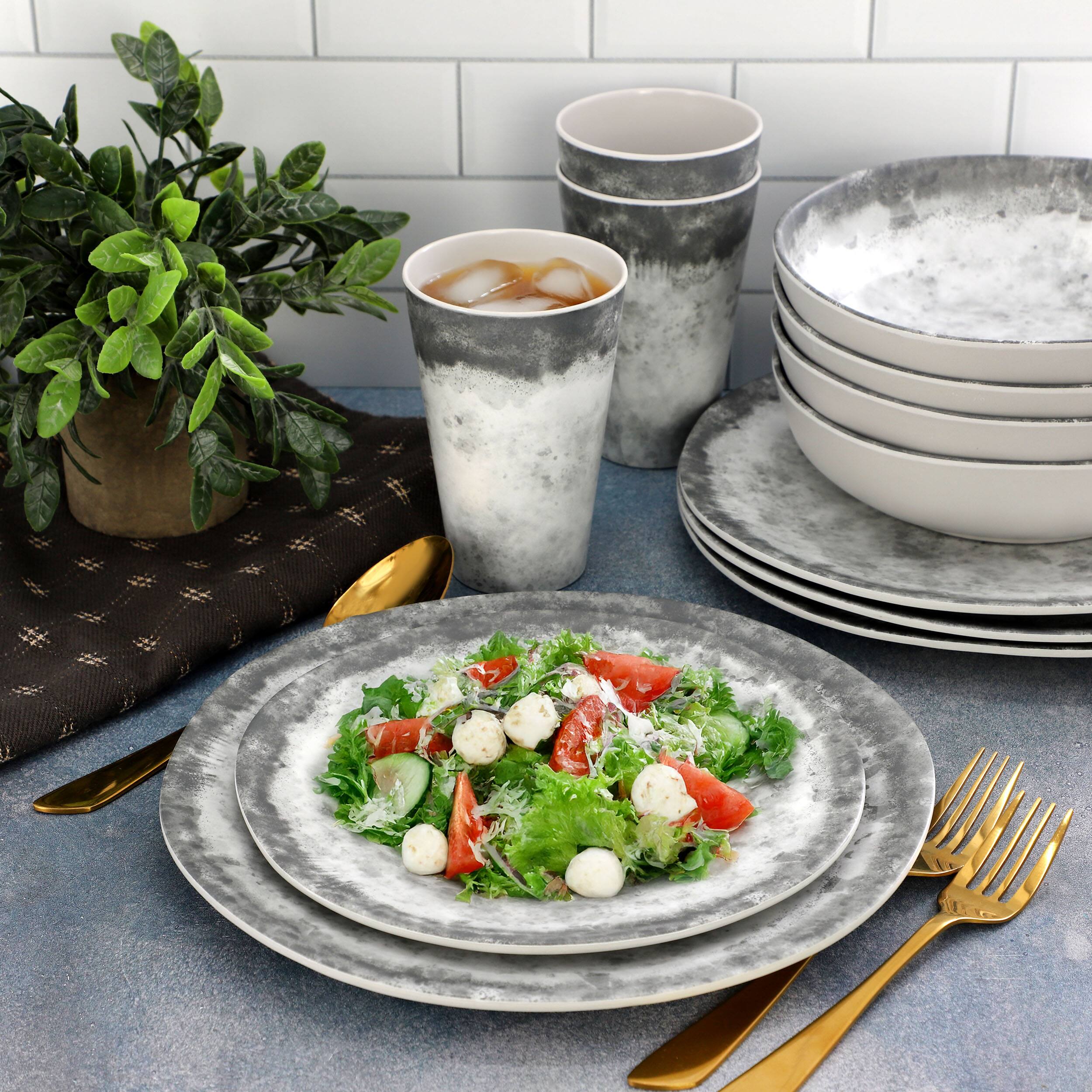 Alt View 7. Gibson - Gibson Elite Organic Decal 16 Piece Melamine Dinnerware Set in Gray - Gray.