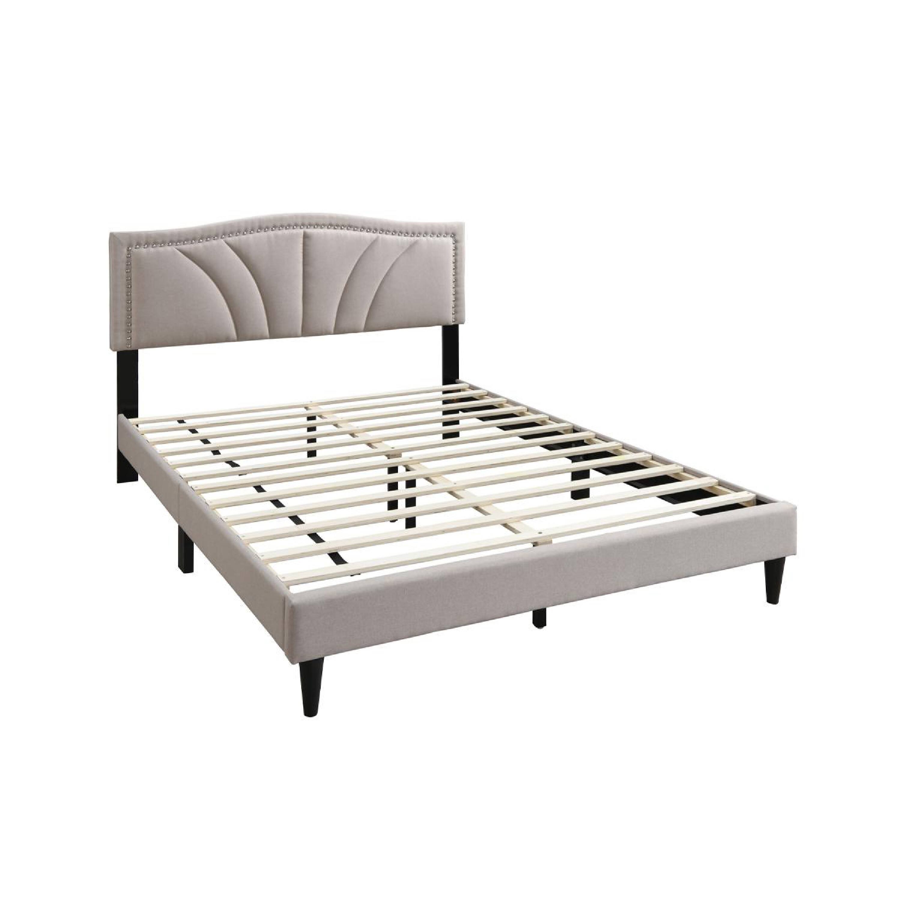 Alt View 3. Manhattan Lane - Reo Queen Size Bed, Light Brown Burlap Upholstered Curved Headboard - Light Brown, Black.
