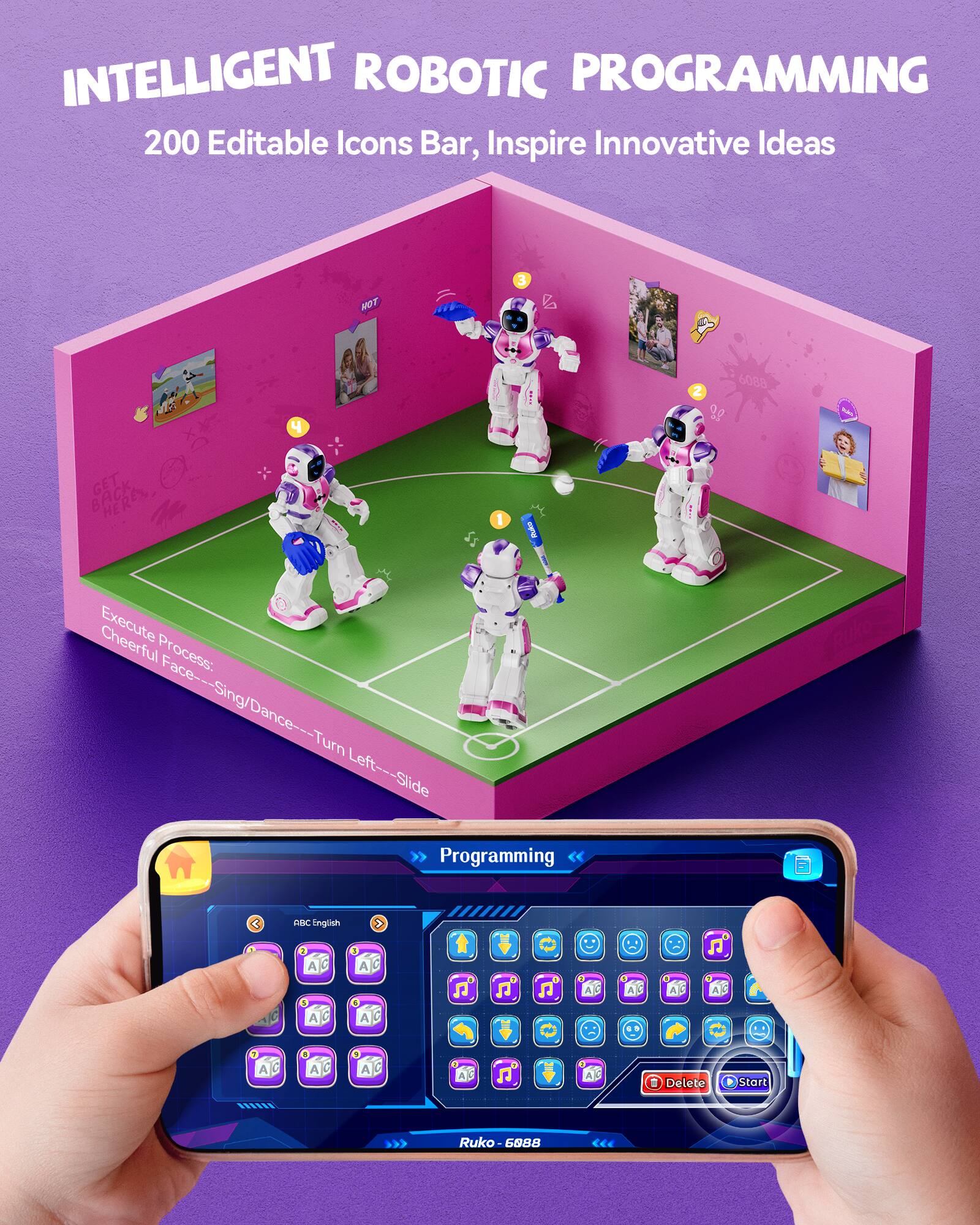 INTELLIGENT ROBOTIC PROGRAMMING  
200 Editable Icons Bar, Inspire Innovative Ideas  

Execute Cheerful Process:  
Cheerful Face---Sing/Dance---Turn Left---Slide  

Programming  
ABC English  
Delete Start  

Ruko 6888