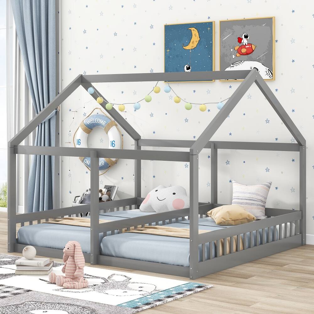 Angle. Loheer - Loheer Twin House Platform Bed Two Shared Beds Gray Kids Bed - Gray.