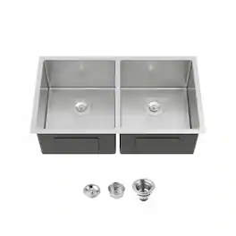 Siljoy - 33"x19" Embedded Double Bowl Kitchen Sink, Undermount Handmade Sink in Brushed (Sink only) - Gray