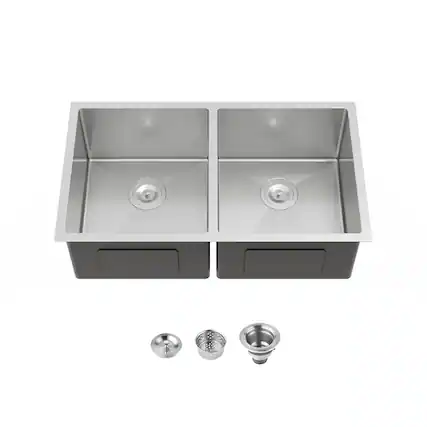 Front. Siljoy - 33"x19" Embedded Double Bowl Kitchen Sink, Undermount Handmade Sink in Brushed (Sink only) - Gray.