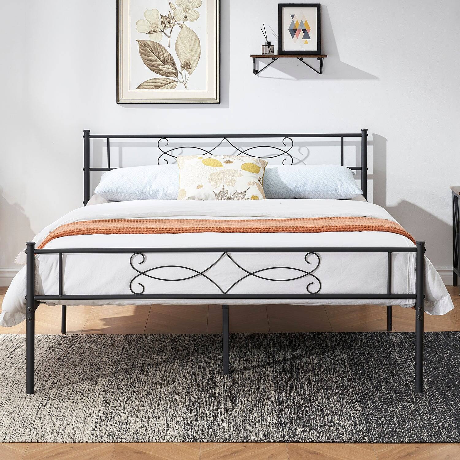 Front. Vecelo - Full Size Metal Bed Frame with Headboard & Footboard - Heavy Duty 660 lbs Capacity, Ornamental Design & Non-Slip Pads - Black.